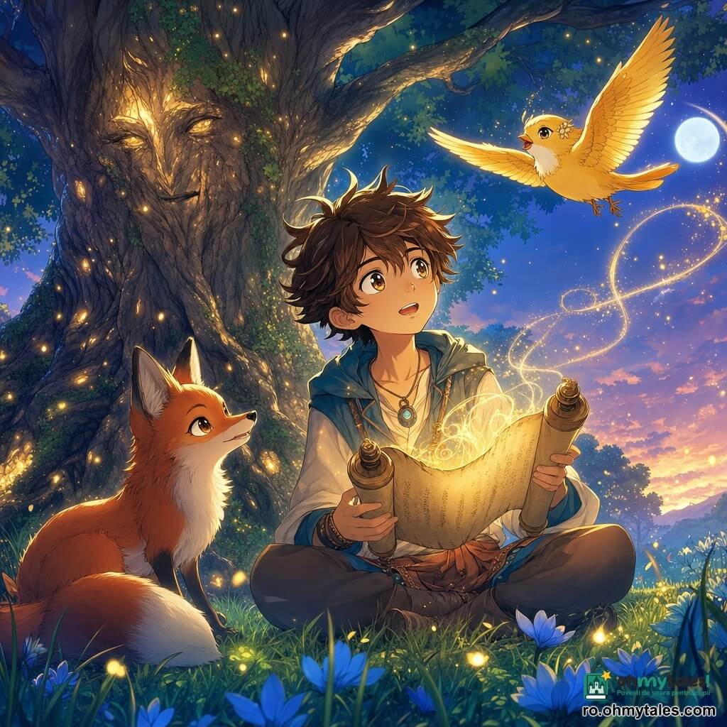 Imagine pentru ilustrare a unei povești pentru copii (stil manga), pentru 8 ani: un tânăr, Eren, față blândă, ochi mari și strălucitori, păr brun dezordonat, uimit și liniștit, ține un pergament antic deschis și ascultă vântul; o vulpe curioasă, femelă, blană roșie, ochi jucăuși, stă la stânga lui; o pasăre mică cu pene aurii zboară deasupra spre dreapta, lăsând o dâră de scântei luminoase; un copac bătrân, trunchi lat cu scoarță texturată și rădăcini expuse, se ridică în spate ca un paznic binevoitor; locul: o poiană la amurg, iarbă verde cu flori albastre, lună printre frunze și particule aurii în aer; situație: moment magic în care Eren citește pergamentul și începe să înțeleagă limba spiritelor, lumină caldă emanând din pergament și copac, atmosferă pașnică și misterioasă, linii clare, culori pastelate, contrast luminos, stil manga pentru copii.