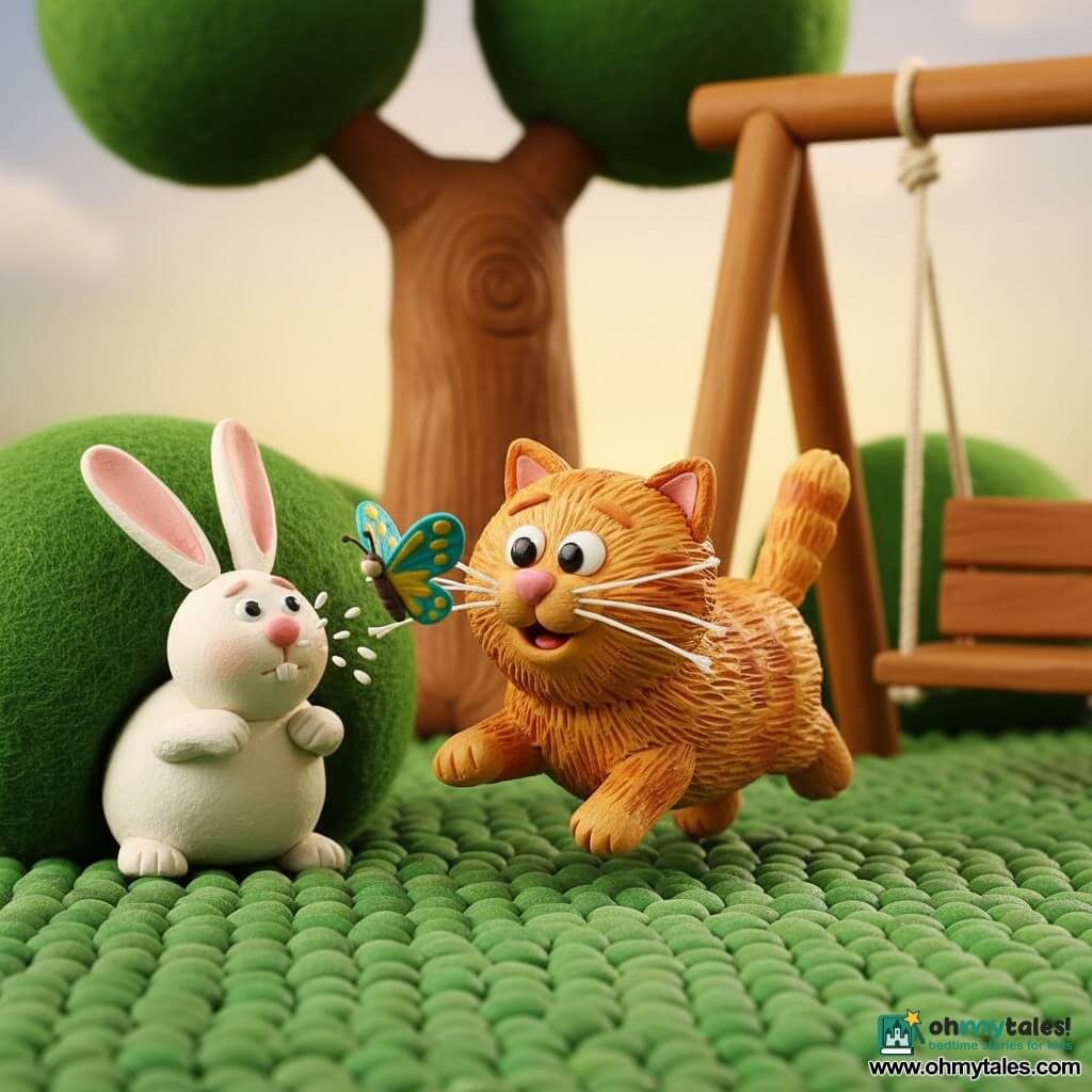 A fluffy ginger tabby cat named Whiskers with wool-like whiskers and bright round eyes leaps joyfully after a turquoise-and-yellow spotted butterfly while a plump white rabbit named Benny with felt ears and a pink nose sneezes as he trembles out of a green bush just behind the cat to the left; a sunny garden with textured green grass, a wooden swing to the right, a stout tree and a felt round bush, saturated colors, visible modeling-clay textures, soft warm lighting, a playful moment of surprise.