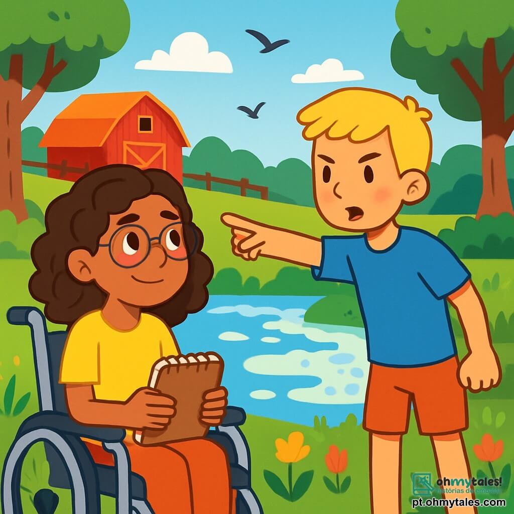 Há 2 personagens principais: - Clara: uma menina de 12 anos, com cabelos castanhos e cacheados, usando óculos e uma camiseta amarela. Ela está sentada em sua cadeira de rodas, sorrindo, segurando um caderno nas mãos. - Lucas: um menino de 12 anos, com cabelos loiros e curtos, vestindo uma camiseta azul e um short. Ele está em pé ao lado de Clara, apontando para o lago, com uma expressão determinada. O cenário é uma bela fazenda na natureza, cercada por campos verdes e flores coloridas. No centro, um lago cintilante coberto por uma leve espuma branca, com árvores majestosas ao longo de suas margens. A situação principal mostra Clara e Lucas descobrindo que o lago está poluído. Clara, com uma expressão preocupada, observa a espuma na água, enquanto Lucas, com uma expressão determinada, anota o que devem fazer para ajudar o meio ambiente.