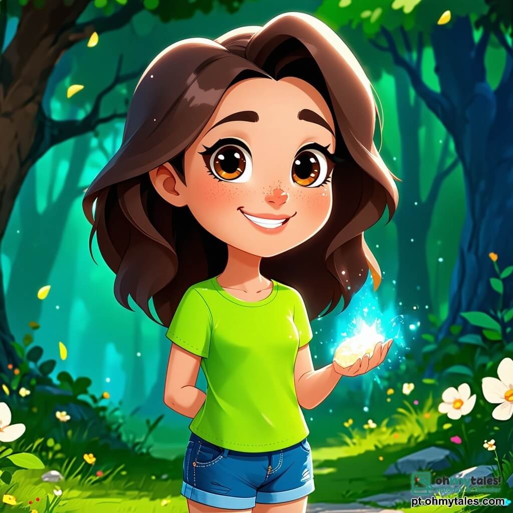 Clara, uma menina de 12 anos, tem grandes olhos brilhantes e cabelos castanhos ondulados que caem sobre os ombros. Ela veste uma camiseta verde viva e um short de jeans, com um rosto expressando alegria, um largo sorriso e bochechas rosadas. Ela está no centro da cena, segurando uma pedra brilhante na mão, olhando fascinada para uma silhueta luminosa. Ao seu lado, Sofia, outra menina de 12 anos, tem cabelos loiros trançados e usa um vestido florido. Ela sorri entusiasticamente, com os olhos arregalados, inclinando-se ligeiramente para Clara, compartilhando seu encantamento. O local é uma clareira encantada no coração de uma floresta densa, cercada por árvores majestosas com troncos grossos e folhas verdes vibrantes. A luz do sol filtra através da folhagem, criando padrões dourados no chão coberto de flores silvestres coloridas. A cena principal mostra Clara e Sofia descobrindo um espírito luminoso da floresta, flutuando acima delas, irradiando luz dourada. As duas meninas estão cativadas por essa aparição mágica, simbolizando sua coragem e curiosidade diante do desconhecido.
