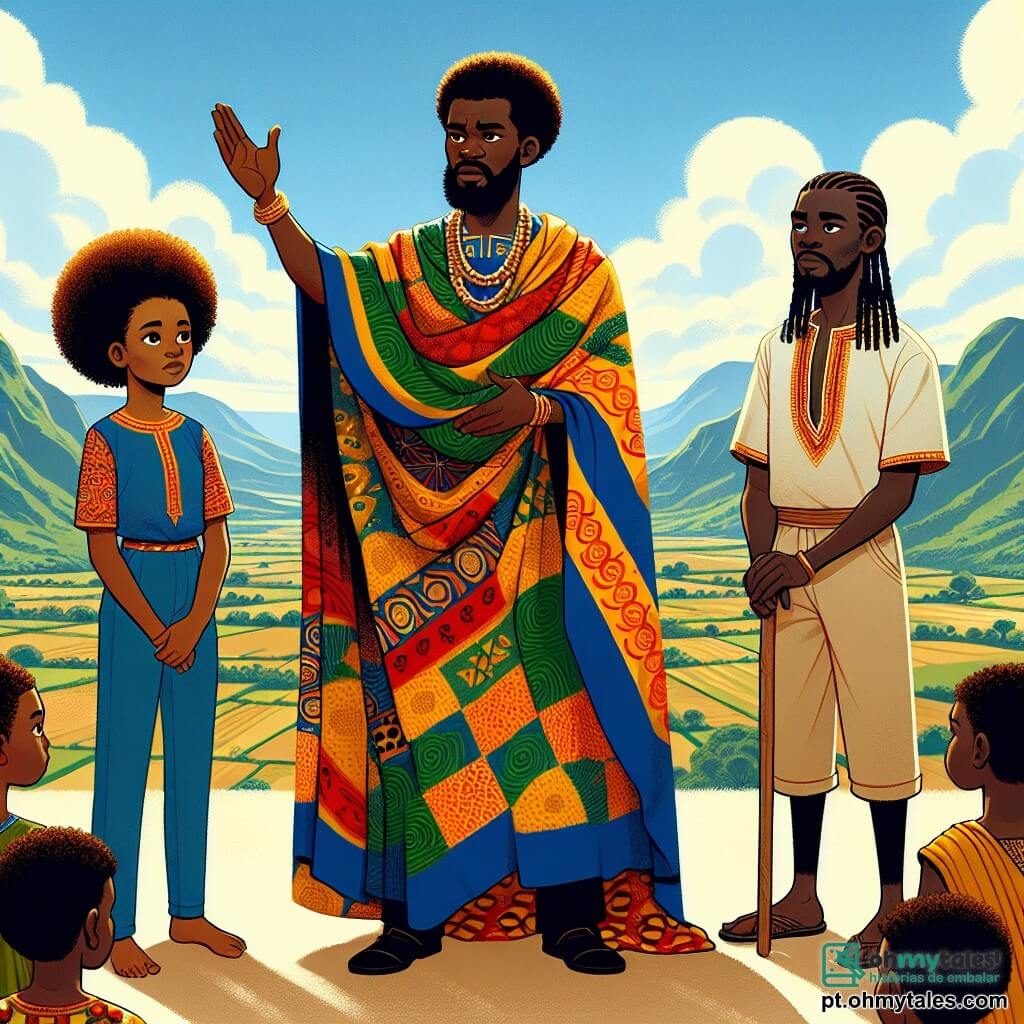 No centro da imagem, Kofi, um homem africano na casa dos quarenta anos, está em pé com um olhar determinado e benevolente. Ele veste um manto tradicional colorido, adornado com padrões africanos vibrantes, e tem cabelo crespo e uma barba bem aparada. Kofi levanta uma mão, como se estivesse se dirigindo a um grupo, expressando sabedoria e calma. À sua direita, Asha, uma mulher na casa dos trinta anos, está com uma postura confiante. Ela tem longos cabelos trançados e veste um vestido de tecido colorido com padrões florais, olhando para Kofi com admiração, pronta para apoiar seu discurso. À sua esquerda, Kwame, um homem alto na casa dos trinta anos, tem uma expressão séria. Ele usa um short de lona e uma camiseta simples, segurando um bastão de madeira, pronto para intervir se necessário. A cena ocorre no topo de uma majestosa Montanha Sagrada, cercada por paisagens verdejantes e vastas planícies douradas. O céu é de um azul brilhante, salpicado de nuvens brancas e fofas, e o vento faz dançar as ervas altas ao redor deles. Nesta ilustração, Kofi, Asha e Kwame estão reunidos para discutir uma solução pacífica para um conflito sobre a água entre suas tribos. Kofi, com sua sabedoria, tenta unir corações e mentes, enquanto Asha e Kwame o escutam atentamente, ilustrando a importância da unidade e da colaboração.