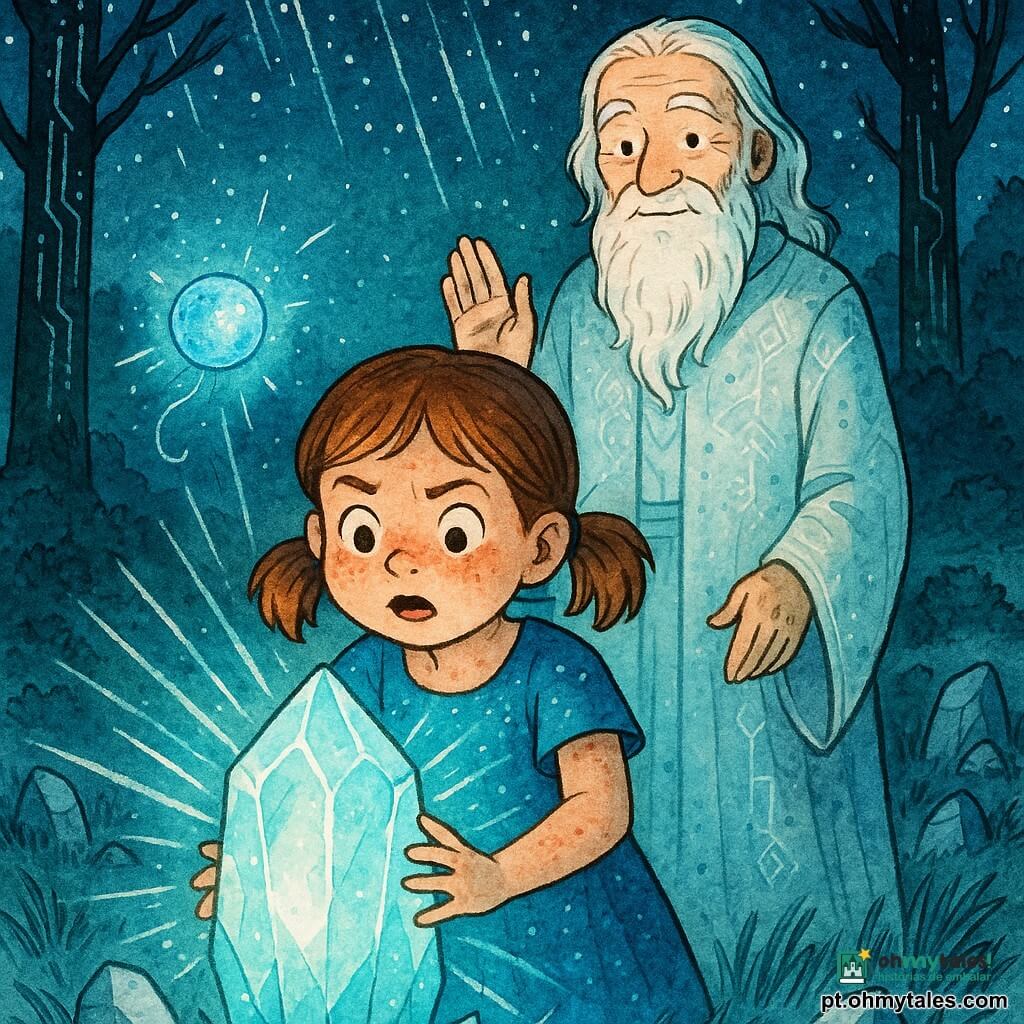 Menina de 6 anos, rosto redondo com sardas, cabelos castanhos em rabos de cavalo, expressão maravilhada e determinada, mãos sobre um grande cristal luminoso pulsante; vestido azul simples salpicado de faíscas. Homem de cerca de 70 anos, longa barba branca e roupas em tecido de aparência cristalina pálida, sorrindo e posado atrás da menina, mão direita erguida como se abençoasse, a alguns passos do cristal. Pequena faísca azul (criatura mágica), esfera luminosa translúcida voando perto da mão esquerda da menina e emitindo filamentos de luz. Local: um vale aberto à noite, relva prateada, quedas de estrelas como flocos ao redor, árvores altas com troncos negros e padrões de circuitos luminosos, solo salpicado de pedras semitranslúcidas. Situação principal: a menina restaura o "Coração das Estrelas", o cristal central emite ondas de luz branca e turquesa em raios; atmosfera calma, mágica e científica, traços de tinta nítidos, cores vivas e contrastantes, texturas em lavis aquarela.