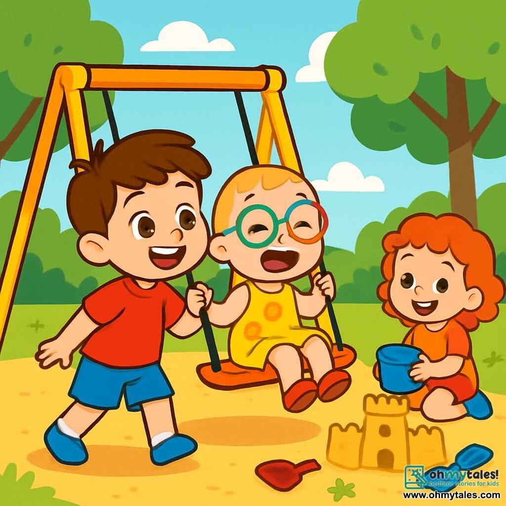 A 4-year-old boy named Tommy, with brown hair and sparkling eyes, joyfully smiles while pushing a swing. He wears a red t-shirt and blue shorts, and his face shows excitement and curiosity. Next to him, a 4-year-old girl named Sara, with very short hair and colorful glasses, laughs while swinging. She has fair skin and wears a yellow floral dress. A little further away, Mia, another 4-year-old girl with curly red hair, builds a sandcastle with a big smile, holding a blue bucket in her hands. The setting is a sunny park filled with greenery, featuring bright green trees and a clear blue sky. The ground is covered in golden sand, with colorful toys scattered around. The main scene shows Tommy and Sara playing together on the swing, sharing a moment of joy and camaraderie, while Mia builds a sandcastle nearby, creating an atmosphere of happiness and friendship.