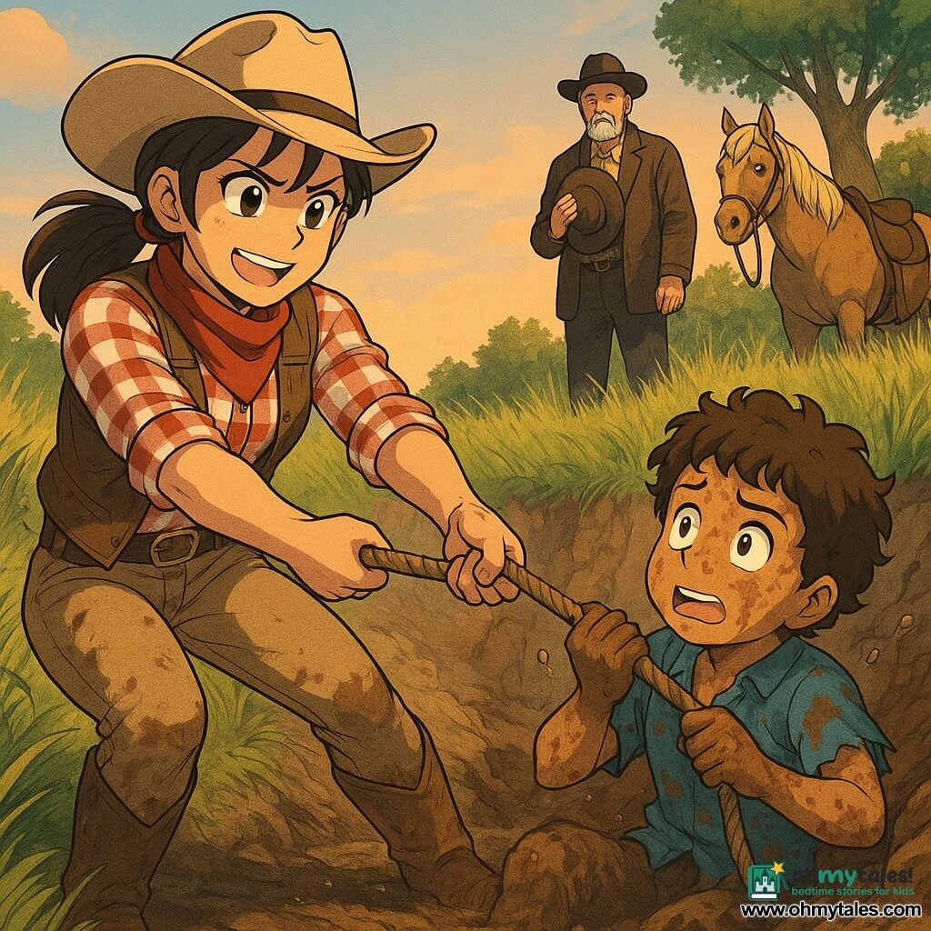 Cassie is a determined, smiling cowgirl with brown hair in a ponytail and a beige cowboy hat, straining to pull a rope to lift a muddy, frightened but relieved 10‑year‑old boy, Tommy, who clings to a root at the bottom of a small gully; Sheriff Peters, an older man with a short gray beard, stands at the top beside a horse, holding his hat to his chest and watching admiringly, while Dusty, Cassie’s light chestnut horse with a cream mane, is tied to a nearby tree looking worried; the scene is a dawn prairie of tall green‑yellow grass with a pale orange and blue sky, soft light and long shadows, conveying movement, tension and solidarity.