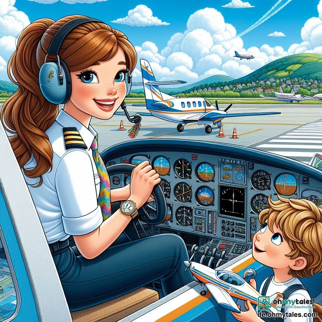 Clara, eine junge Pilotin von etwa 30 Jahren, sitzt im Cockpit ihres Flugzeugs, der "Wolkenfee". Sie hat lange braune Haare zu einem Pferdeschwanz gebunden und trägt eine blaue Pilotenuniform mit einem bunten Schal, der hinter ihr weht. Ihr Gesicht strahlt Freude und Aufregung aus, während sie durch das Fenster schaut und die Wolken unter sich bewundert. Draußen, in der Nähe des Flugzeugs, steht Ben, ein 8-jähriger Junge mit zerzausten blonden Haaren und neugierigen Augen. Er hält ein Modellflugzeug in seinen Händen und sieht Clara bewundernd an, träumt davon, ebenfalls Pilot zu werden. Die Szene spielt an einem sonnigen Flughafen mit einer glänzenden Landebahn und weißen, bauschigen Wolken am strahlend blauen Himmel. Im Hintergrund sind weitere geparkte Flugzeuge und majestätische grüne Berge zu sehen. Clara bereitet sich voller Begeisterung auf den Start vor, während Ben, entzückt, seine Heldin beobachtet und davon träumt, eines Tages wie sie in den Himmel zu fliegen.