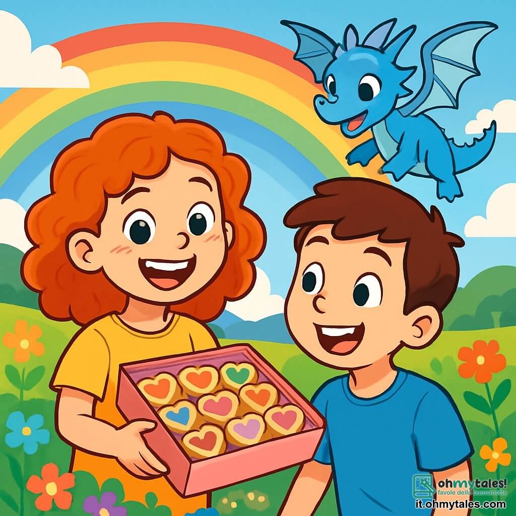 Una bambina di 10 anni, Mia, con capelli ricci e rossi, sorride felicemente, tenendo una scatola di biscotti decorati con cuori colorati. I suoi occhi brillanti sono pieni di eccitazione e amicizia. Accanto a lei, un ragazzo della sua età, Leo, ha i capelli castani e indossa una maglietta blu. Guarda i biscotti con un grande sorriso, pronto a provarli. Un piccolo drago blu, con squame scintillanti, vola intorno a loro, le sue ali traslucide brillano sotto il sole. La scena si svolge nella splendida Valle Arcobaleno, dove fiori multicolori danzano dolcemente al vento e un arcobaleno splendente si estende all'orizzonte. Il cielo è di un blu intenso, punteggiato di nuvole bianche e soffici. Mia e Leo sono circondati da risate e gioia, condividendo biscotti di amicizia sotto il cielo soleggiato, celebrando la magia di San Valentino con il loro nuovo amico, il drago.