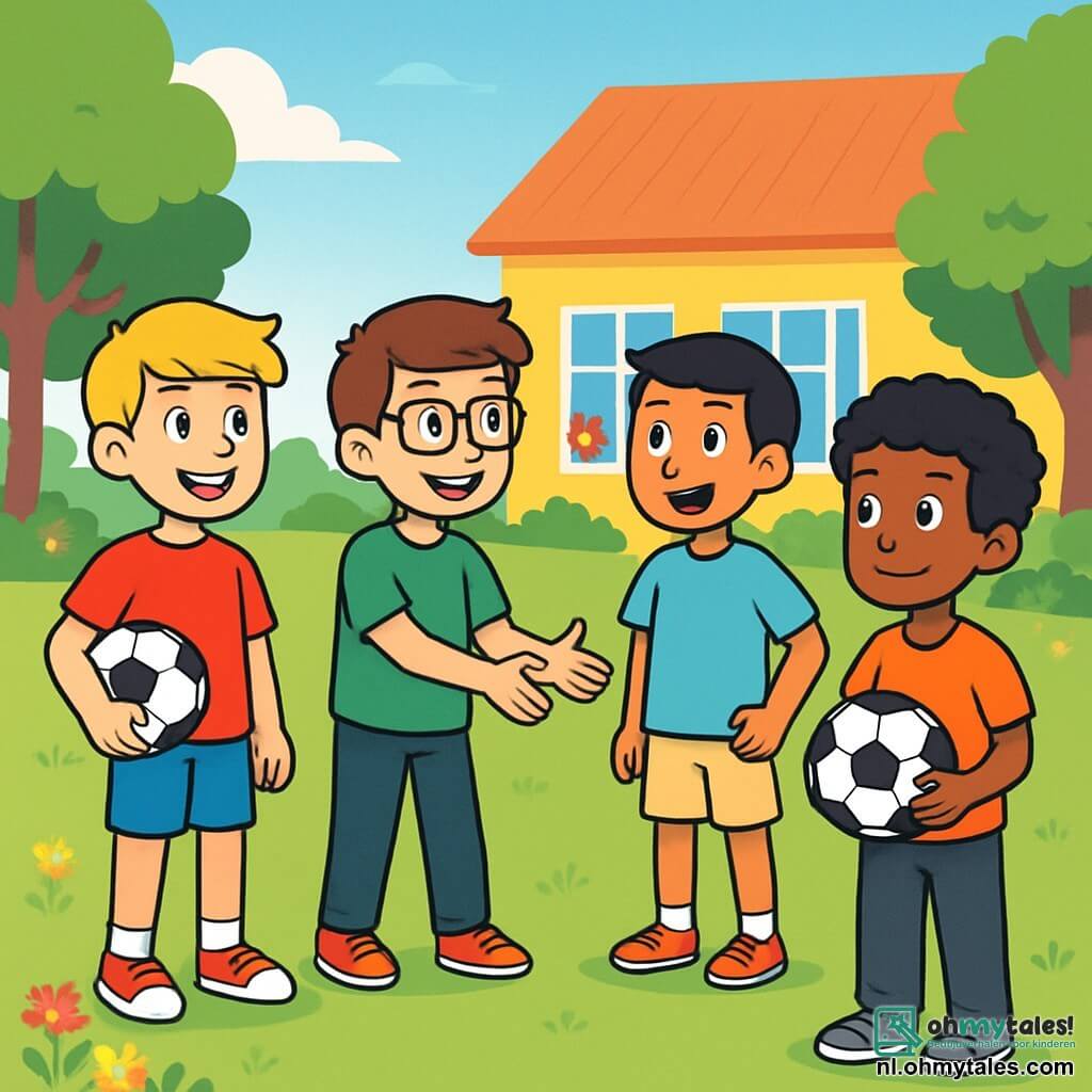 Er zijn 4 kinderen: - Jasper: een 12-jarig jongen met blond haar en blauwe ogen, die een rood t-shirt en een blauwe short draagt. Hij staat links, glimlachend en houdt een voetbal vast. - Milan: een 12-jarig jongen met bruin haar en een bril, die een groen t-shirt en een zwarte broek draagt. Hij staat in het midden en maakt een vriendelijke gebaar naar Samir. - Youssef: een 12-jarig jongen met zwart haar en een olijfkleurige huid, die een lichtblauw t-shirt en een beige short draagt. Hij staat rechts en kijkt nieuwsgierig naar Samir. - Samir: een 11-jarig jongen met krullend haar en een donkere huid, die een oranje t-shirt en een grijze broek draagt. Hij staat iets achteraan, met een verlegen glimlach, terwijl hij een voetbal vasthoudt. De locatie is een groot zonnig speelterrein, omringd door groene bomen en kleurrijke bloemen. Op de achtergrond is een school met gele muren en open ramen, waar het gelach van kinderen te horen is. De hoofdactie toont de vier jongens die samen voetbal spelen. Jasper en Milan zijn de bal aan het passen, terwijl Youssef Samir aanmoedigt om mee te doen. Samir, hoewel aarzelend, begint te glimlachen en nadert de groep, klaar om mee te spelen.
