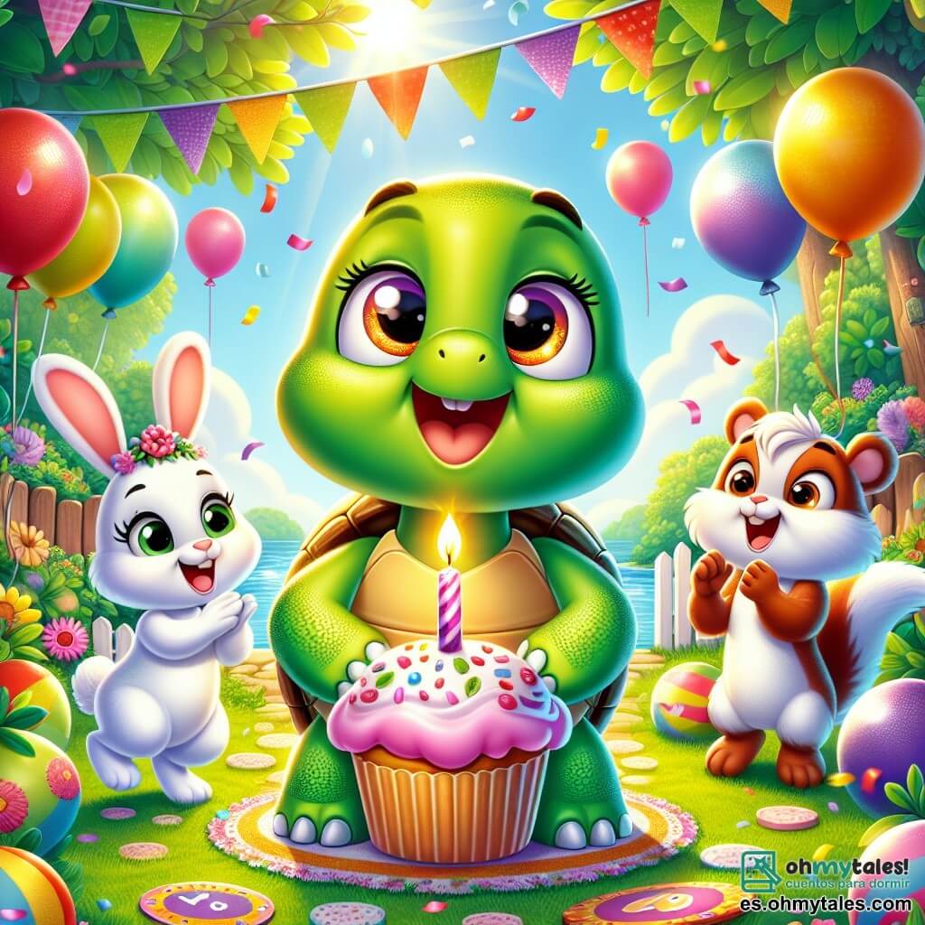 Una pequeña tortuga sonriente, Lulú, con un caparazón verde brillante y ojos chispeantes de alegría, se encuentra en el centro de la escena, rodeada de globos coloridos y guirnaldas festivas. Está soplando una vela de un cupcake decorado con glaseado rosa. A su derecha, un alegre conejito llamado Ramón, con pelaje blanco y grandes orejas, salta bailando, su rostro radiante de felicidad. A su izquierda, una ardiente ardilla, Susi, con pelaje rojizo y una cola esponjosa, aplaude con entusiasmo, sus ojos brillando de emoción. El decorado es un encantador rincón del bosque, con árboles verdes exuberantes, flores coloridas y un cielo azul brillante. Rayos de sol filtran a través de las hojas, creando un ambiente cálido y festivo. La escena principal muestra a Lulú rodeada de sus amigos, celebrando su cumpleaños con risas, juegos y dulces, llena de alegría y amistad.