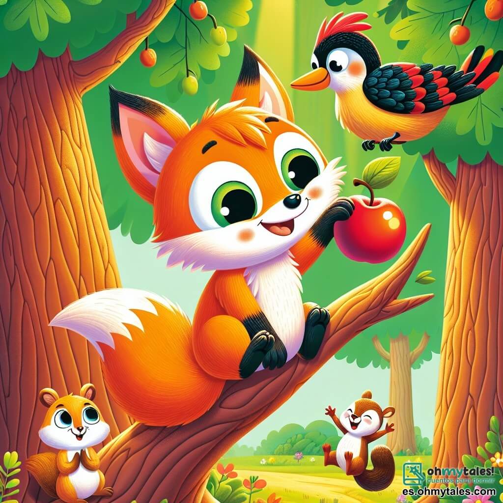 Un zorro curioso con un pelaje naranja brillante, ojos chispeantes de determinación y una cola esponjosa, está posado en una rama alta de un árbol gigante, sonriendo con orgullo tras haber alcanzado los jugosos frutos. A su lado, una pequeña ardilla de ojos traviesos y pelaje marrón claro, suspendida de una rama, aplaude con entusiasmo, mientras un colorido pájaro carpintero, con plumaje rojo y negro, vuela alegremente a su alrededor, expresando su orgullo. El escenario es un hermoso bosque verde, lleno de grandes árboles de troncos gruesos, flores brillantes y una luz suave que filtra a través de las hojas. La escena principal muestra al zorro triunfante, sosteniendo una fruta brillante en su pata, celebrando su victoria con sus amigos después de haber superado un desafío aparentemente imposible.