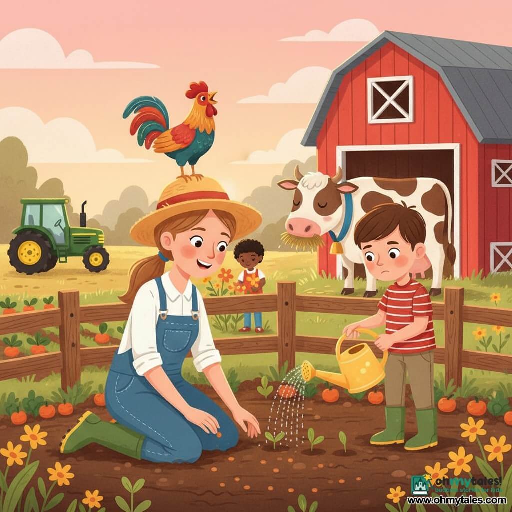 The main character is a smiling young female farmer kneeling in a blue denim overall, green rubber boots and straw hat, planting small orange seeds in dark soil; an about-8-year-old boy with short brown hair, a red-and-white striped T-shirt and khaki pants stands to her right pouring water from a yellow watering can; a spotted cow named Daisy with a blue collar chews hay by a red barn with a gray roof, and a colorful rooster named Roosty perches on a nearby wooden fence; it’s a sunny dusk farm with rows of green and orange vegetables, yellow wildflowers, a parked green tractor and a pink-orange pastel sky; the scene focuses on planting and watering—sparkling water splashes, tiny green shoots emerging, warm rural, cooperative atmosphere.