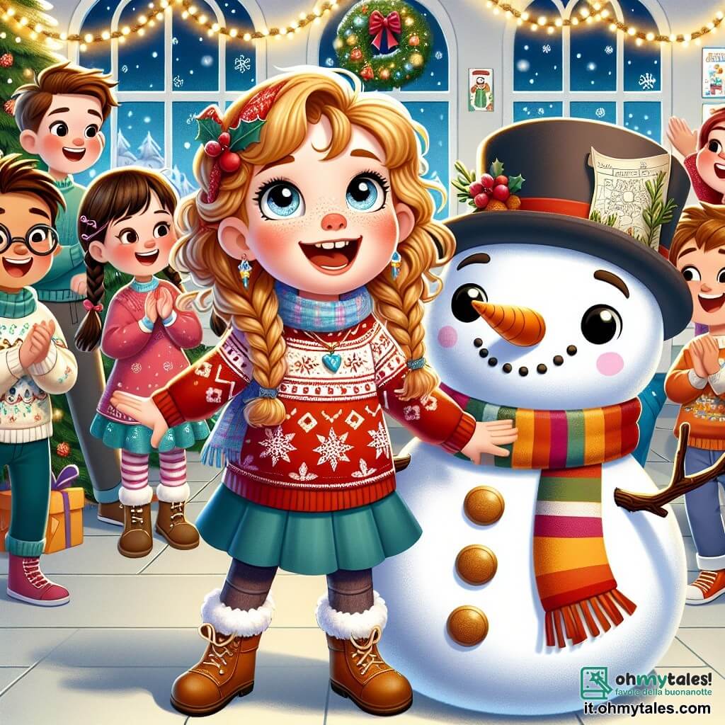 Una ragazza di 9 anni, Sofia, con capelli ricci castano chiaro e occhi pieni di curiosità, si trova al centro dell'immagine, con un grande sorriso che illumina il suo viso. Indossa un maglione rosso con motivi di fiocchi di neve e una sciarpa colorata, mentre balla felicemente attorno a un pupazzo di neve chiamato Neveo, che ha un grande sorriso, un naso di carota e braccia di rami, mentre fa movimenti divertenti. Accanto a loro, Emma, un'altra ragazza di 9 anni con capelli biondi intrecciati e guance rosate, applaude con entusiasmo, mentre Marco, un ragazzo di 10 anni con occhiali e capelli castani, tiene una mappa del tesoro, concentrato. Tutti e due sono circondati dai loro compagni di classe, ridendo e divertendosi. La scena si svolge in una scuola decorata per Natale, con un grande albero illuminato al centro dell'aula, adornato con ghirlande scintillanti e palline colorate. La situazione principale mostra Sofia e i suoi amici mentre celebrano insieme il Natale, ballando e cantando attorno a Neveo, il pupazzo di neve, condividendo dolci e divertendosi durante la festa di Natale della scuola.