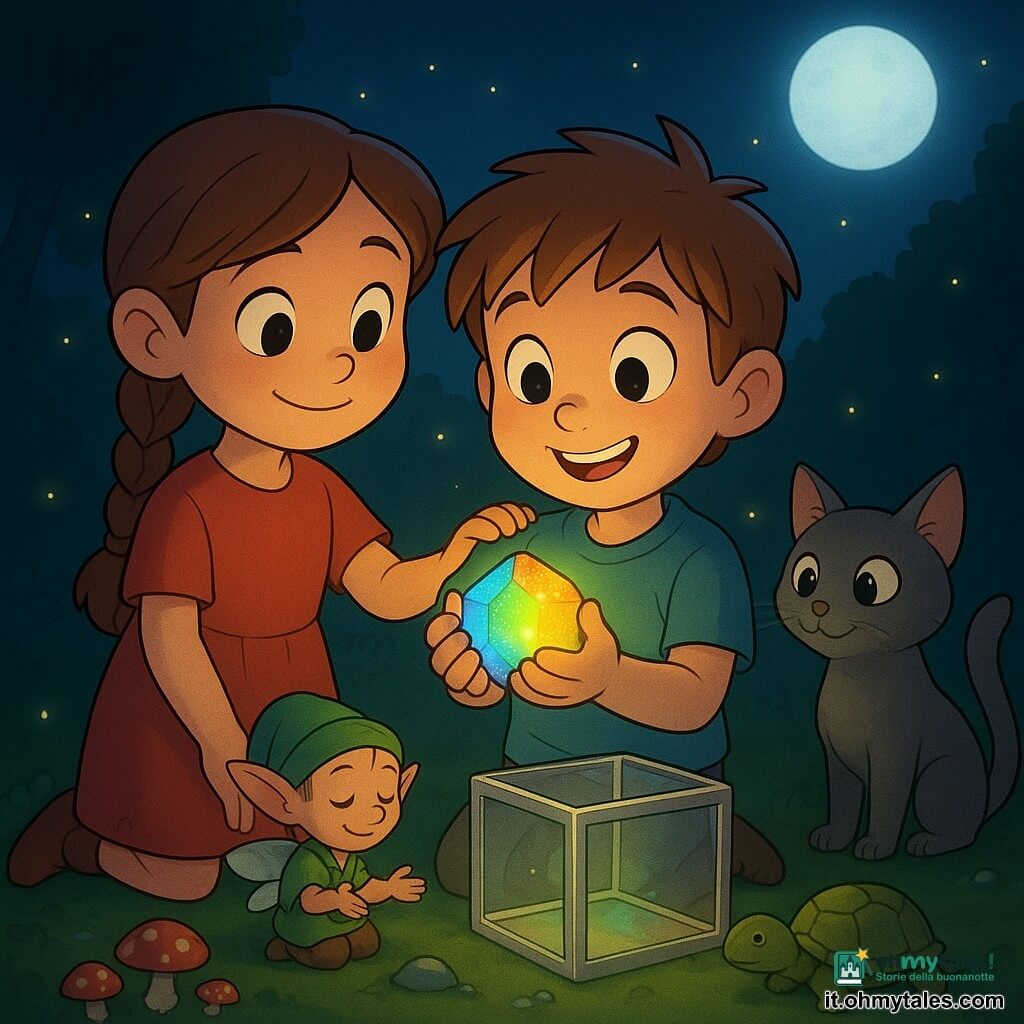 Un ragazzo di 6 anni, volto rotondo e capelli castano chiaro scompigliati, tiene tra le mani davanti al petto una pietra luminosa multicolore che illumina il suo viso di toni blu, verdi e dorati; alla sua sinistra Tilia, circa 6 anni, treccia bruna e semplice vestito rosso, posa la mano sulla sua spalla con sguardo fiero e tenero; alla destra un gatto grigio, Brio, con pelo morbido e coda rialzata, luccica leggermente; vicino ai piedi avanza lentamente una tartaruga, Luna, dal carapace verde e bruno texturizzato, dal volto calmo e saggio; un piccolo folletto dalle grandi orecchie e ali sottili è inginocchiato davanti a una scatola di vetro, mani aperte e viso commosso; la scena si svolge in una radura notturna con tappeto di muschio spesso, un anello di piccoli funghi rossi e bianchi attorno alla scatola, leggera nebbia rasoterra, piccole pietre fosforescenti, luna piena e lucciole; i bambini hanno appena inserito l’ultimo pezzo di un puzzle nel coperchio: la scatola di vetro si è socchiusa e una luce dolce e cangiante ne fuoriesce, tutti guardano la pietra con stupore e tenerezza.