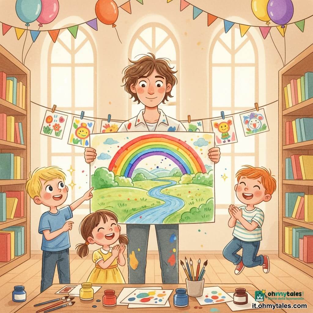 Un uomo, Mattia, artista, viso sereno e sorridente, capelli castani scompigliati, camicia macchiata di vernice, mostra al gruppo un grande disegno colorato a inchiostro; a sinistra Luca (circa 7 anni), capelli biondi corti, occhi vivaci, indica un arcobaleno sul disegno; davanti al tavolo Giulia (circa 6 anni), code castane, vestito giallo, applaude; a destra Marco (circa 8 anni), capelli rossi, sorridente, in punta di piedi come per applaudire; ambientazione: piccola biblioteca soleggiata con grandi finestre, scaffali in legno, disegni dei bambini appesi, tavolo con barattoli di vernice, pennelli e fogli sparsi e decorazioni colorate; momento di presentazione collettiva, luce soffusa, atmosfera calda e collaborativa.
