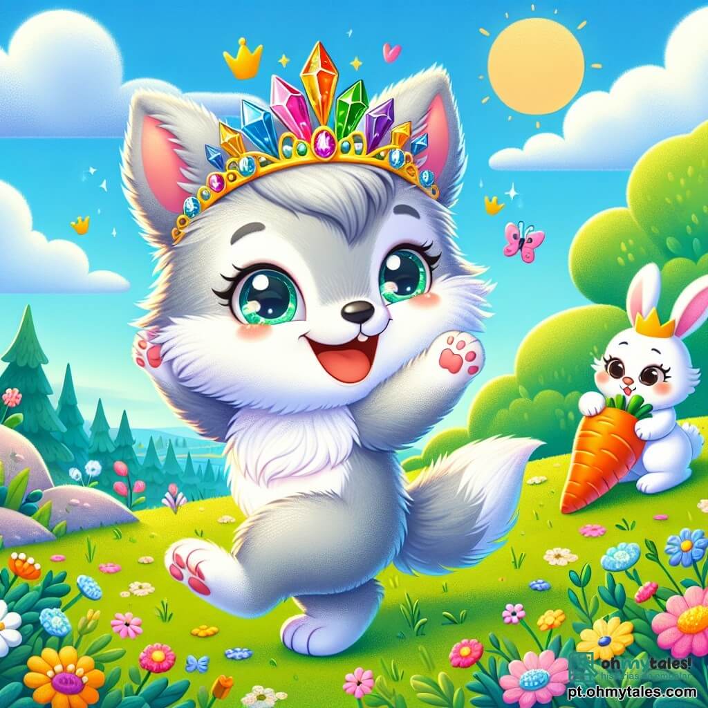 O personagem principal é Léo, um pequeno lobo de pelos cinzentos e macios, com grandes olhos brilhantes de travessura. Ele usa uma tiara brilhante feita de cristais coloridos e exibe um largo sorriso, dançando alegremente no topo de uma colina verdejante. Perto dele, está Clara, uma coelhinha vaidosa de grandes orelhas e pelagem branca, que observa Léo com olhos admirados, segurando uma cenoura gigante. Ela está sentada em uma pedra, rindo da situação. O cenário é uma colina ensolarada, coberta de flores silvestres coloridas, sob um céu azul com nuvens fofas. Abaixo, uma floresta luxuriante se estende até onde a vista alcança, adicionando um toque de magia. A cena principal mostra Léo celebrando sua nova tiara de cristal, dançando entusiasticamente e fazendo poses engraçadas, enquanto Clara e outros animais da floresta o observam com sorrisos e risadas, criando uma atmosfera alegre e divertida.