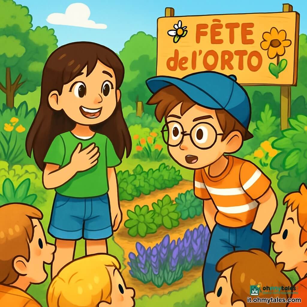 Ci sono 2 personaggi principali: Sofia, una ragazza di 9 anni con lunghi capelli castani e occhi brillanti, indossa una maglietta verde e un pantaloncino di jeans, in piedi con un sorriso e una mano sul cuore, guardando il suo amico; Leo, un ragazzo di 9 anni con capelli castani disordinati e occhiali rotondi, indossa un berretto blu e una maglietta a righe, è leggermente piegato in avanti con le mani in tasca e un'espressione determinata. La scena si svolge in un giardino scolastico rigoglioso, pieno di piante colorate e erbe aromatiche, con righe di basilico, menta e lavanda sotto un cielo blu, e un sentiero di terra che si snoda tra i letti. Sullo sfondo, un grande pannello di legno indica "Festa dell'Orto" con disegni di api e fiori. Sofia e Leo si trovano davanti a un gruppo di bambini curiosi, pronti a presentare la loro visita guidata all'orto; Sofia sorride con fiducia mentre Leo, un po' nervoso ma deciso, si prepara a parlare della lavanda, con i bambini che ascoltano attentamente, i loro volti illuminati dall'eccitazione e dalla curiosità.