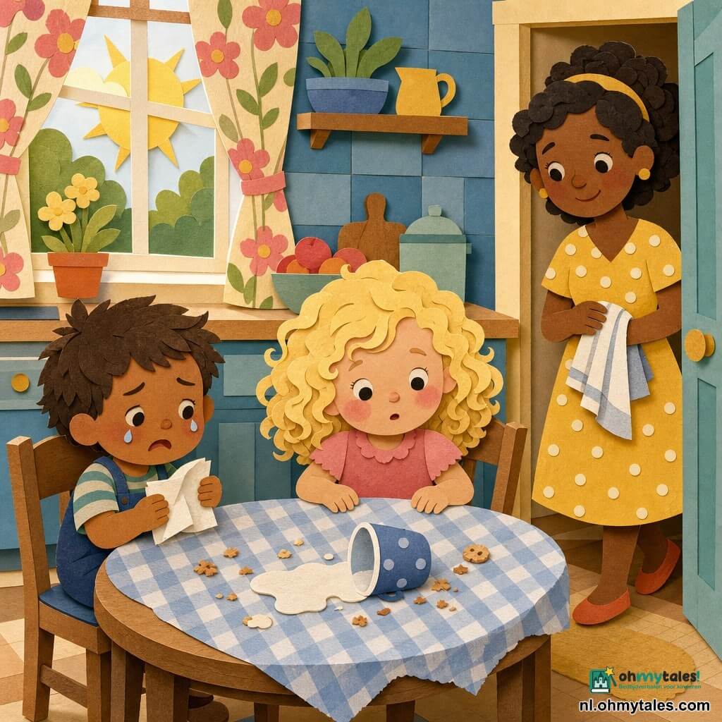 Lotte, 4 jaar, zit aan een ronde houten tafel met een rustige verbaasde blik, blonde krullen en blozende wangen terwijl ze naar een omgevallen kopje kijkt; haar kleine broer van 2 jaar, met warrig kastanjehaar, huilt een beetje en houdt een servet vast op een stoel links van haar; de moeder glimlacht zacht in een gele stippenjurk terwijl ze de keukendeur binnenkomt en haar handen afveegt; de lichte keuken heeft lichtblauwe tegels, zonnestralen door bloemen-gordijnen, kruimels op het tafellaken en een omgevallen kopje — een rustige scène na een klein voorval met warme kleuren, eenvoudige vormen, zachte contrasten en paper-cut contouren.