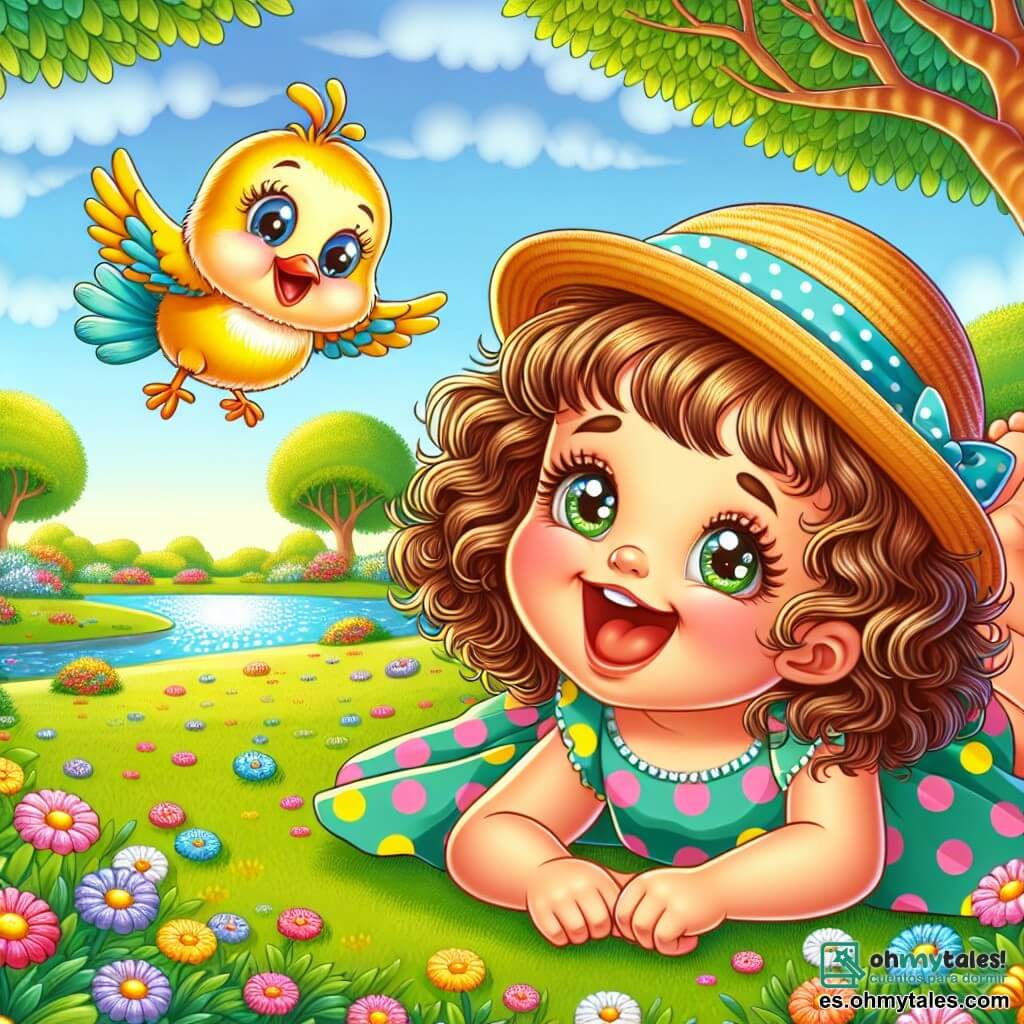 Una niña de 2 años, Lulú, con cabello rizado y ojos brillantes, está acostada sobre la hierba verde, sonriendo. Lleva un vestido de colores con lunares y un sombrero de paja. A su lado, un pajarito de plumas amarillas y azules vuela a su alrededor, invitándola a la aventura. El escenario es un parque soleado con un gran árbol, flores multicolores y un lago cercano. Lulú está lista para dormir mientras el pájaro, lleno de energía, revolotea a su alrededor, creando un ambiente alegre y divertido.