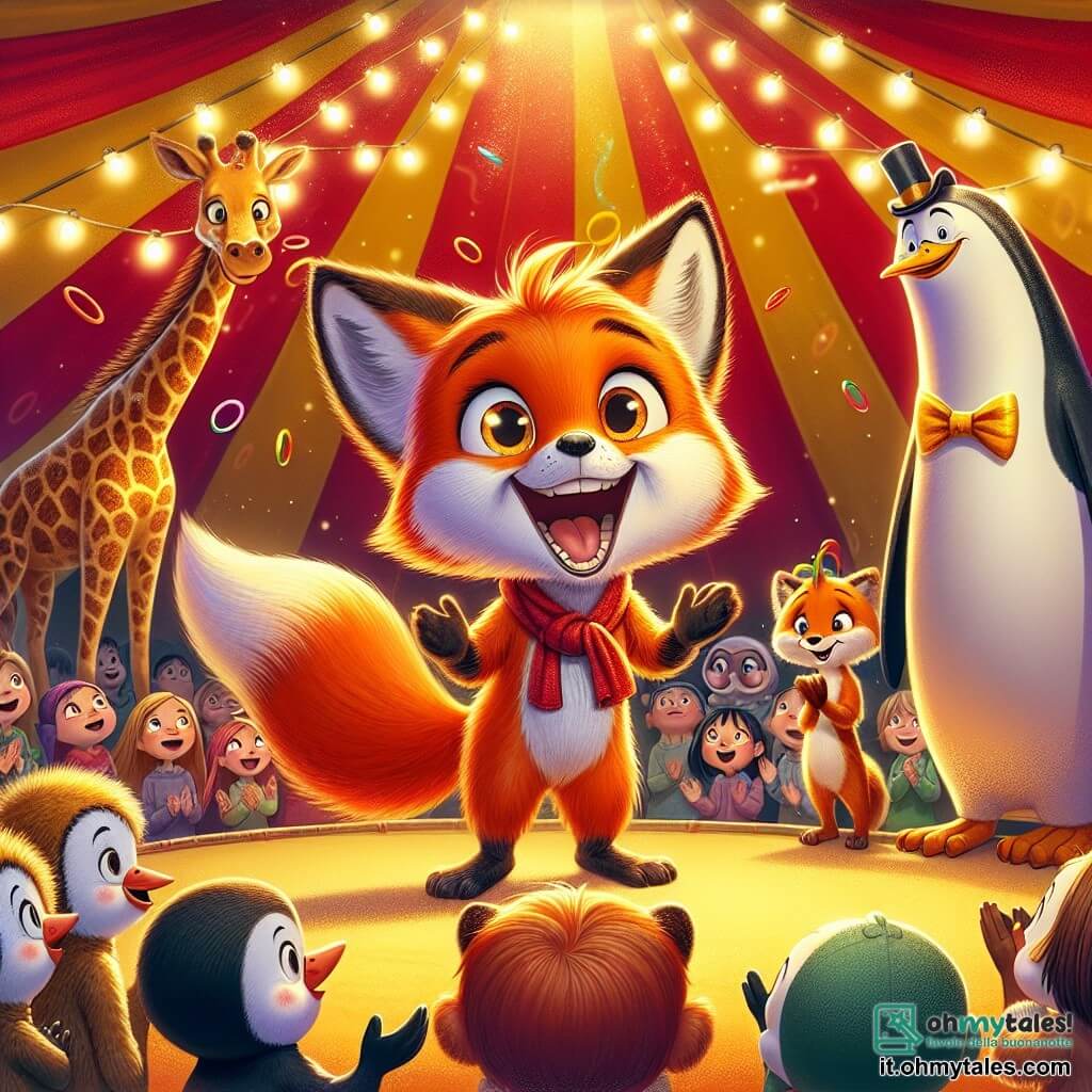 Al centro dell'immagine, un giovane volpe arancione di nome Rosso, con un pelo lucido e una grande coda folta, sta facendo giocoleria con anelli colorati, mostrando un ampio sorriso di eccitazione sul viso. Alla sua destra, Pippo il Pinguino, un pinguino divertente con un piccolo cappello da giocoliere, applaude con entusiasmo, i suoi occhi brillano di gioia. A sinistra, Berta la giraffa, una grande giraffa dal lungo collo macchiato di dorato, guarda Rosso con ammirazione, un sorriso caloroso sul viso. Lo sfondo è quello del Circo Zampalesta, con un grande tendone a strisce rosse e gialle illuminato da luci scintillanti. Gli spettatori, composti da animali della foresta e bambini, sono riuniti intorno, applaudendo e ridendo gioiosamente. La scena trasmette un'atmosfera festosa e magica, piena di colori vivaci e gioia.