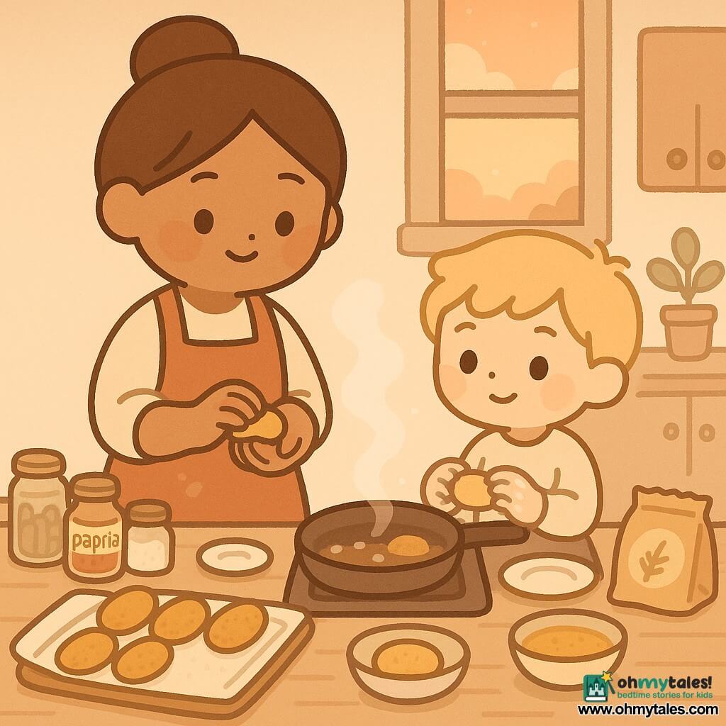 Female chef with a gentle smile and bright round eyes, cinnamon-colored apron lightly dusted with flour, brown hair in a bun, calmly shaping an oval croquette with small precise hands; about 7-year-old blond boy with playful curiosity standing on a small stool by the stove, helping roll a croquette and watching the pan with slightly floury hands; a tray of glass jars arranged like a mini-town (one labeled paprika), small white plates, a bowl of golden breadcrumbs and a packet of crushed oats within reach; warm twilight kitchen with a square window showing a golden-orange sky, light wood countertop, soft filtered light and light steam rising from the pan; they make golden croquettes together, the pan bubbles, a few croquettes rest on paper towel, cozy organized scene with warm brown-orange-cream tones and a composition centered on their hands rolling the croquette.