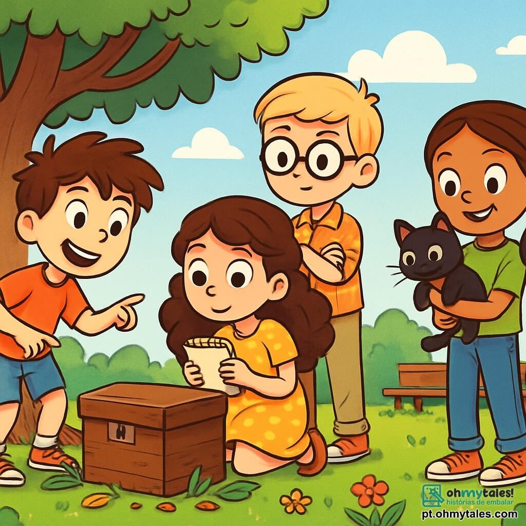 Há 4 crianças: - Pedro: Um menino de 10 anos com cabelos castanhos bagunçados e um grande sorriso. Ele usa uma camiseta vermelha e um short azul, apontando para uma caixa misteriosa sob uma árvore. - Sofia: Uma menina de 9 anos com olhos brilhantes e cabelos longos e cacheados. Ela veste um vestido amarelo de bolinhas e segura um caderno nas mãos, agachada perto da caixa, observando com curiosidade. - Lucas: Um menino de 10 anos com óculos redondos e cabelos loiros. Ele está de pé, com os braços cruzados, vestido com uma camisa xadrez e calças bege, observando atentamente a cena. - Ana: Uma menina de 9 anos com tranças e um sorriso travesso. Ela usa uma camiseta verde e jeans, levemente afastada, segurando um pequeno gato preto nos braços e olhando para Sombra, o gato das aventuras. O cenário é um parque ensolarado, com grandes árvores verdes e flores coloridas. No centro, há uma velha caixa de madeira sobre a grama, cercada por folhas e pétalas. Ao fundo, vê-se um pequeno banco de madeira e um céu azul com nuvens brancas fofas. A situação principal mostra as quatro crianças em plena investigação, descobrindo a caixa de doces escondida sob a árvore, todas curiosas e empolgadas, prontas para resolver o mistério juntas, com expressões de admiração em seus rostos.