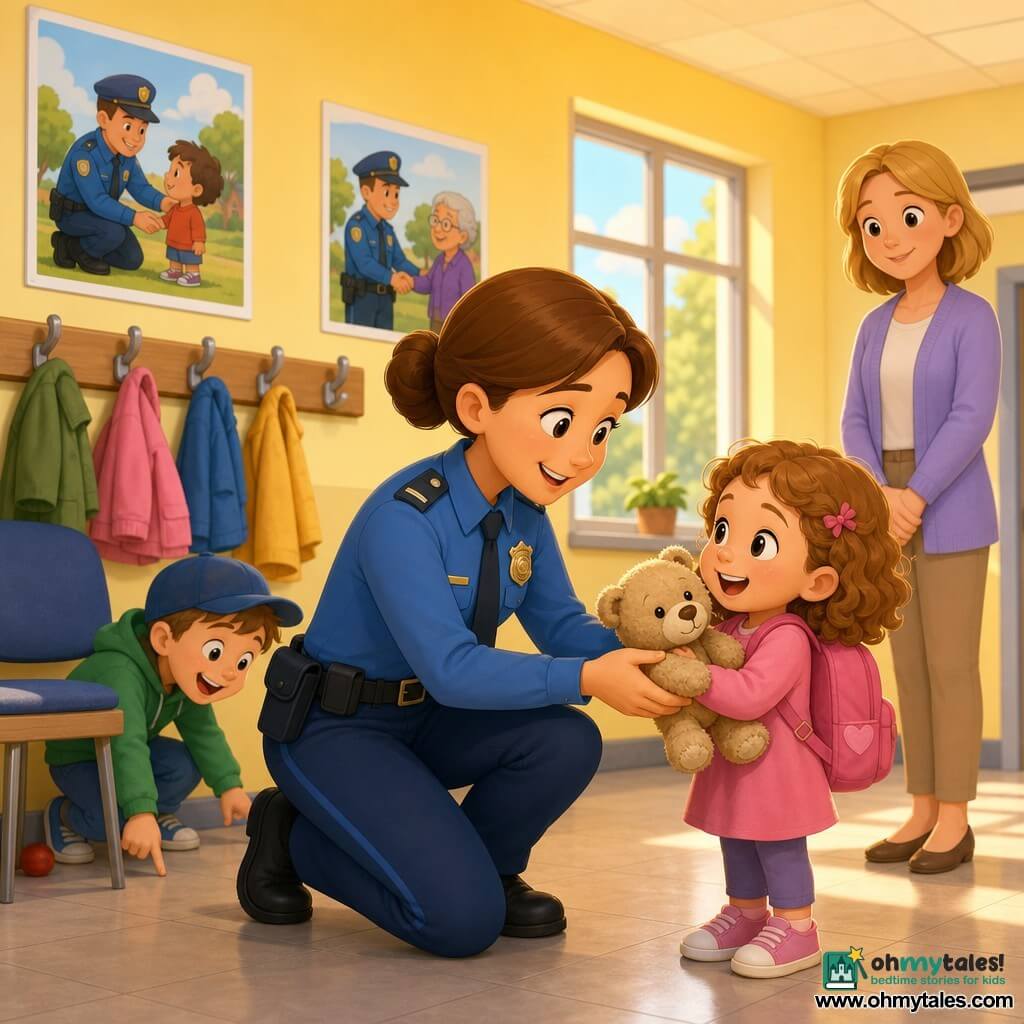 A smiling, kind female police officer with brown hair in a bun, clean blue uniform and shiny badge kneels and extends a small teddy bear to a joyful little girl (about 4) with light brown curly hair and a pink backpack who hugs the worn beige bear to her chest; a little boy (about 6) in a blue cap laughs and points under a chair to the left, a calm female teacher with blonde hair stands near a coat rack in the background; bright police station hallway with pale yellow walls, colorful coats on hooks, a wooden bench, a large window casting soft light, child-friendly posters of police helping the community; central, peaceful moment focused on the tender exchange, children gathered with expressions of surprise and relief, vivid colors, soft textures and gentle cel-shaded shadows.