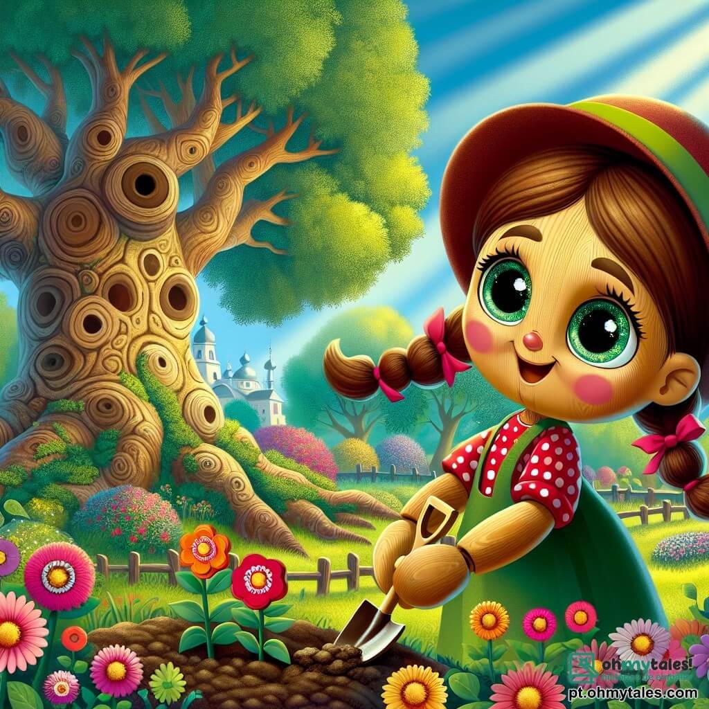 Pinocchio, um pequeno boneco de madeira com olhos brilhantes e um sorriso alegre, está no centro da imagem. Seu corpo de madeira é pintado com cores vivas, e ele usa uma camisa vermelha com bolinhas e um chapéu pontudo. Ele observa com admiração uma grande árvore majestosa, cujos galhos se estendem como braços protetores, enquanto segura uma pequena pá de madeira, pronto para plantar uma flor. Ao seu lado, Sofia, uma menina de 10 anos com cabelos castanhos e tranças, está de joelhos, com as mãos cheias de terra, plantando flores coloridas no jardim comunitário. Ela usa um vestido verde e um avental, sorrindo para Pinocchio, encorajando-o com entusiasmo. Ao fundo, o parque é repleto de vegetação exuberante, com árvores antigas e flores vibrantes, enquanto raios de sol penetram pelas folhas, criando uma atmosfera calorosa e acolhedora. A cena principal mostra Pinocchio e Sofia trabalhando juntos, unidos pelo desejo de tornar o mundo um lugar melhor, simbolizando esperança e cooperação para um futuro sustentável.