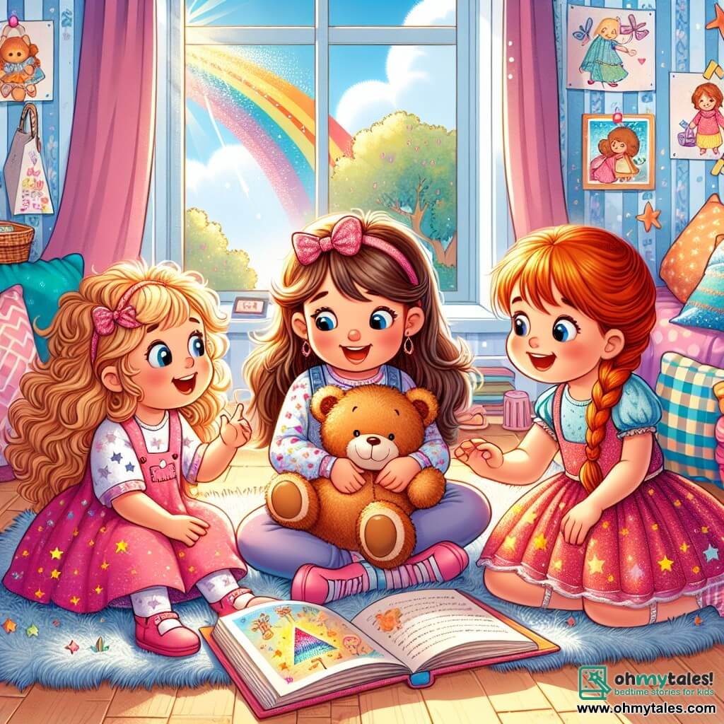 In a warm and colorful room, three three-year-old girls are gathered. Mia, a little girl with brown curly hair, is wearing a pink dress with stars and sitting on a large fluffy rug, holding an open magic book in front of her. To her left, Lila, with blonde hair and round glasses, is lying on her stomach, smiling and pointing at an illustration in the book. On the right, Zoe, a little girl with red braided hair, is standing, holding a big teddy bear in her arms, with a big smile on her face. The room is decorated with colorful cushions, drawings on the walls, and a window letting in sunlight, with a rainbow visible outside. The three friends are having a magical adventure, imagining they are brave heroines, sharing laughter and tender moments, proving that friendship can bring joy even on rainy days.