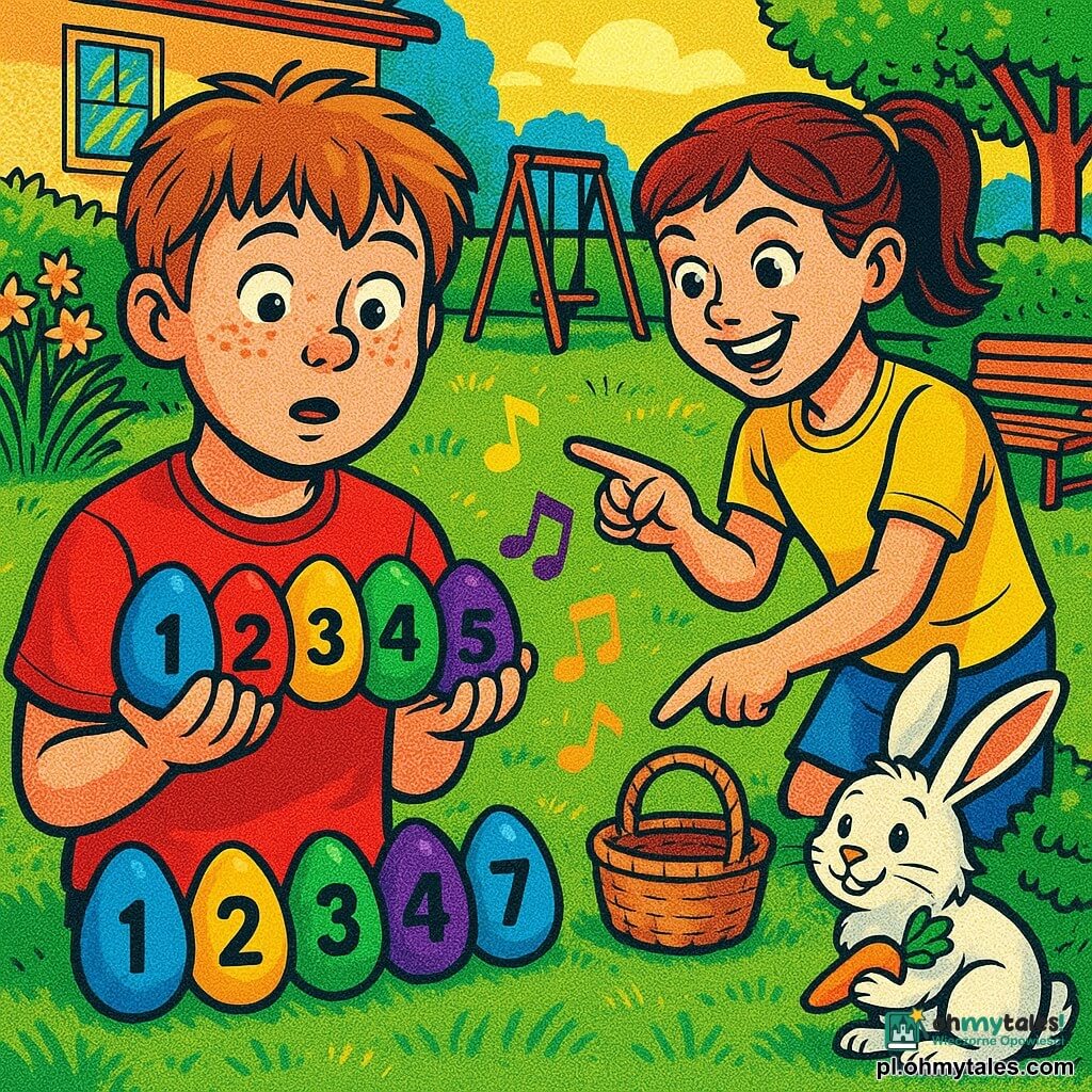 Dwunastoletni Kacper o okrągłej twarzy i lekkich piegach, z rozczochranymi jasnobrązowymi włosami i wyrazem zdumienia i skupienia, trzyma przed sobą siedem ponumerowanych, kolorowych drewnianych jajek; obok po prawej stoi około 12‑letnia Maja z brązowymi włosami w kucyku, z figlarnym uśmiechem, wskazująca na koszyk na trawie; w tle przy krzewie siedzi biały królik z długimi, miękkimi uszami i lekko potarganym futerkiem, trzymający małą marchewkę z wstążką i patrzący na dzieci jakby się uśmiechał; miejsce to jasny podmiejski ogród z zielonym trawnikiem, żółtymi żonkilami, starą drewnianą huśtawką, przystrzyżym żywopłotem i lekko sfatygowaną ławką, w złotej świetle późnego popołudnia; główna scena pokazuje jajka ponumerowane od 1 do 7 ułożone w rzędzie na trawie, z kolorowymi nutkami unoszącymi się wokół nich, radosna atmosfera, nasycone kolory, wyraźne kontrasty i pop‑artowe, geometryczne wzory.