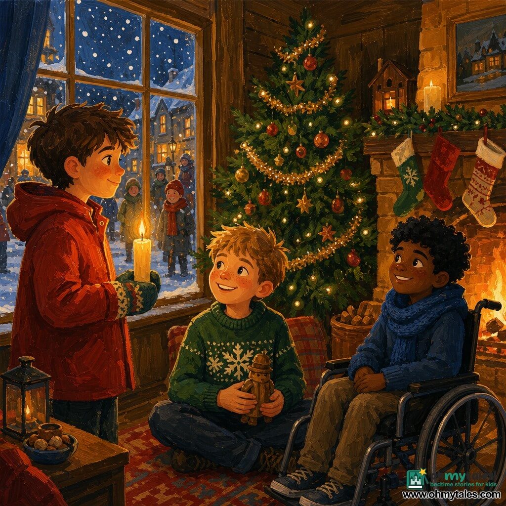 Three boys in a cozy village living room at night: a ~10-year-old with messy brown hair and a red hooded coat holding a tall candle by a frosted window, a ~9-year-old blond in a green snowflake sweater seated by the Christmas tree holding a small wooden figurine and looking at the first boy, and a ~10-year-old in a wheelchair with curly black hair and a blue scarf smiling toward the candle by the fireplace; warm wooden walls, decorated tree, stockings on the mantel, soft light and falling snow outside with smiling passersby — an intimate, luminous Christmas scene.
