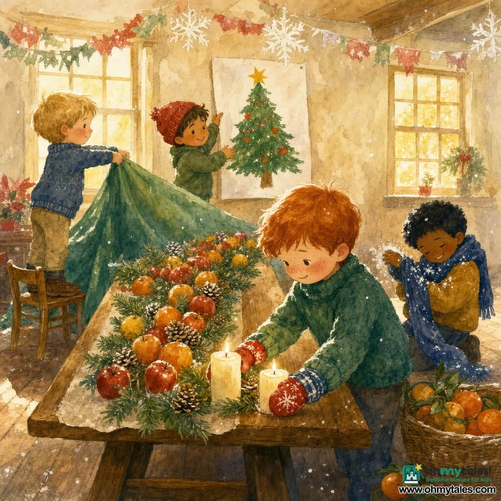 Four 5-year-old boys decorate a long wooden Christmas table in a warm community hall: Milo, brown short tousled hair with a red beanie, center-left holding a large white cardboard painted with a Christmas tree; Ben, blond cheeks flushed, standing on a small chair at back-left stretching a large green tablecloth; Theo, black hair wearing a long blueberry-blue scarf, kneeling at right by a basket of oranges, brushing snow from his scarf; Sam, red hair with mismatched mittens, front-right placing two creamy candles on the table. The room has small-paned windows with yellow reflections, cream walls, wooden plank floor, paper garlands and cut snowflakes hanging from the ceiling, late-afternoon powdery light; the table is set with the green cloth, stacked fruit, lit candles, shiny apples and oranges, pine cones dusted with silver glitter, and the handmade drawing hung on the wall above the table.