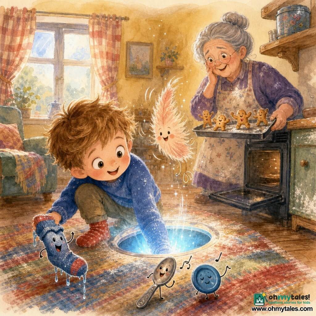 A delighted 4-year-old boy with messy light-brown hair, wearing a blue sweater and mismatched red and green socks, has his arm in a glowing oval hole retrieving small bouncing lost objects (a wet sock, a humming spoon, a purring blue button) with comical expressions; nearby a smiling but worried ~65-year-old grandmother with gray hair in a bun and a flour-dusted apron stands by an open oven holding a tray of golden cookies; a small animated peach-translucent duster called the "Missing Things" with white laugh marks floats by the boy; the warm kitchen-living room has light wood floors, a colorful woven rug, a checkered-curtain window letting in soft light, pale yellow walls, a cookie tin on a shelf and flour specks on the counter; the scene is whimsical, tender and slightly absurd, cookies almost dancing.