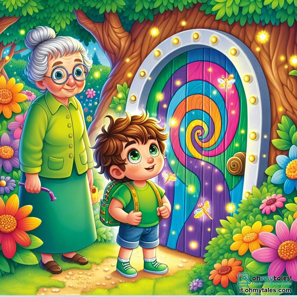 Un ragazzo di 6 anni, Tommaso, con capelli castani disordinati e occhi brillanti di curiosità, si trova davanti a una porta magica. Indossa una maglietta verde vivo e un pantaloncino di jeans, con uno zainetto verde sulla schiena. Il suo viso esprime meraviglia ed eccitazione, con le guance arrossate dall'avventura. Accanto a lui, la signora Rosa, una donna di circa 70 anni con capelli grigi raccolti e occhiali tondi, sorride gentilmente mentre tiene un annaffiatoio colorato. Si trova leggermente in disparte, osservando Tommaso con benevolenza. Il luogo è un giardino segreto, pieno di fiori vivaci di tutti i colori, grandi alberi dai tronchi nodosi e un prato verdeggiante. Al centro, la porta colorata, decorata con motivi a spirale e piccole stelle scintillanti, sembra vibrare di energia. La scena principale mostra Tommaso, con gli occhi spalancati, pronto a varcare la soglia della porta magica, mentre le lucciole danzano intorno a lui, illuminando l'atmosfera con una luce dorata e incantata.