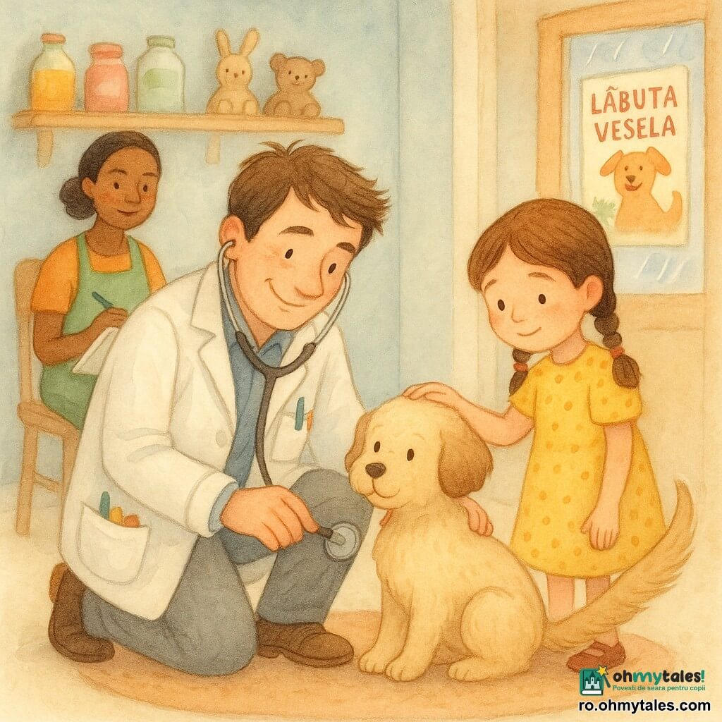Un bărbat veterinar zâmbitor și liniștitor, vreo 40 de ani, păr brun ușor ciufulit, halat alb cu buzunare pline de obiecte colorate, este ghemuit ținând un mic stetoscop argintiu lângă o labă de câine; o fetiță de circa 7 ani, micuță, păr brun în două codițe, rochie galbenă cu buline, stă în dreapta veterinarului cu mâna timidă pe capul câinelui; o asistentă, Mara, în jur de 30 de ani, păr prins, șorț verde, stă pe fundal cu un carnet cu desene luând notițe; câinele Puf, mic, bej și pufos, urechi căzute, coadă zburdalnică, stă pe un covoraș moale cu bot curios și privire ușor îngrijorată dar liniștită; cabinetul e cald, pereți pastel albastru pal, rafturi din lemn cu borcane și jucării, afiș colorat Lăbuța Veselă pe ușa de sticlă și o fereastră cu ploaie fină; moment tandru și calm în care veterinarul ascultă cu blândețe starea câinelui, lumină moale, atmosferă de încredere și grijă; stil acuarelă delicată, linii fine, culori calde spălate, textură de hârtie vizibilă.