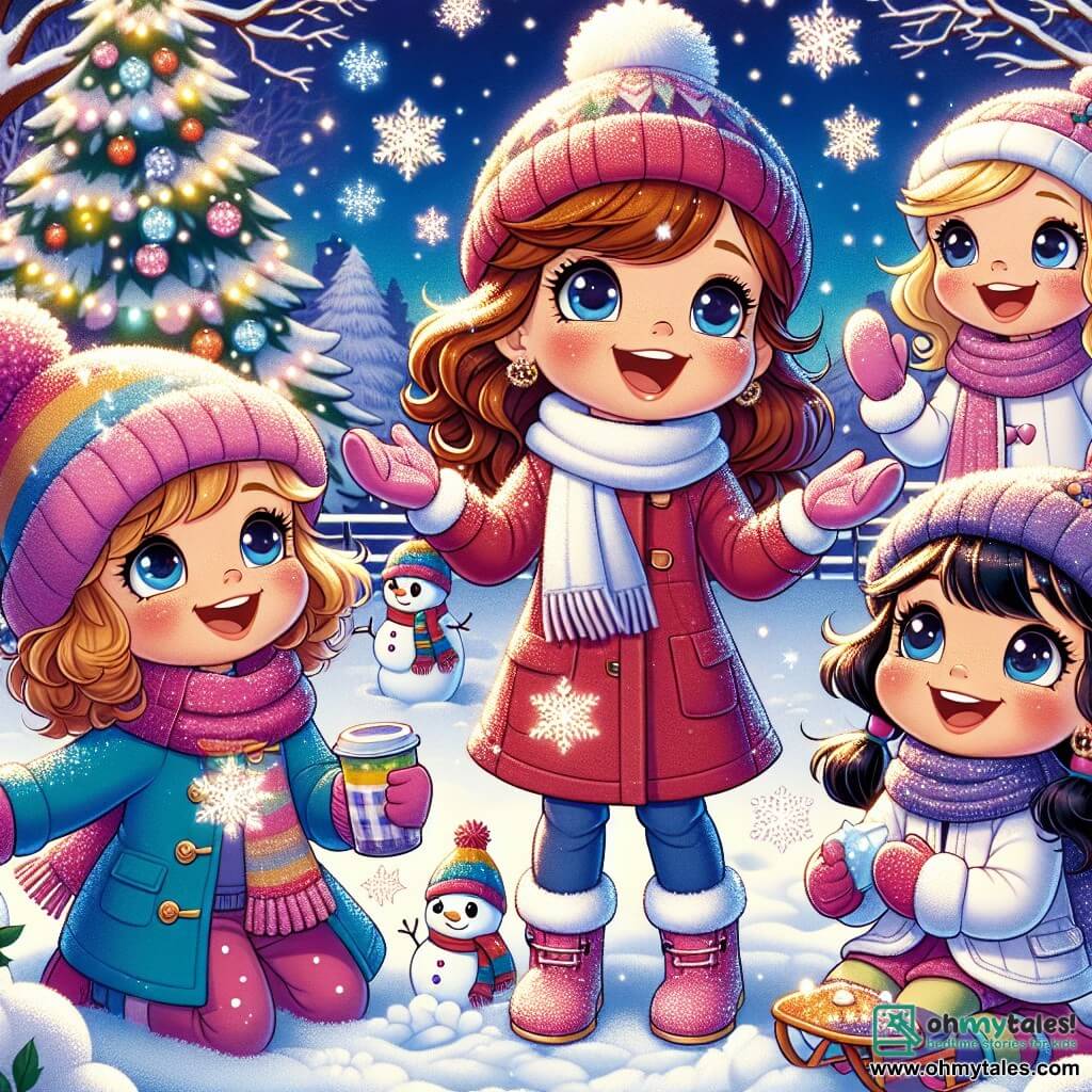 In a snowy park, four six-year-old girls stand together, surrounded by sparkling snowflakes. Lily, with curly brown hair and a red hat, joyfully raises her arms, ready to make a wish on a snowflake. Mia, with blonde hair and rosy cheeks, wears a pink scarf and gazes at the snowflakes in wonder. Zoe, with chestnut hair and a small braid, is dressed in a blue coat and is about to slide down a colorful sled. Emma, with black hair and a purple hat, laughs while holding a cup of hot chocolate, surrounded by her friends. The park is a true winter wonderland, with trees covered in sparkling snow, a large Christmas tree adorned with colorful lights, and a smiling snowman beside them. The girls are making wishes on the snowflakes, their faces lit up by the magic of Christmas, while stars twinkle in the night sky.