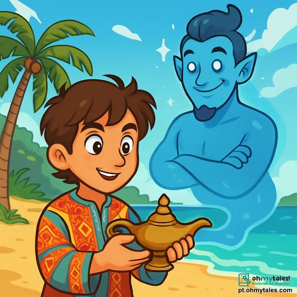 Tariq, um jovem de rosto determinado e olhos brilhantes de curiosidade, está em uma praia de areia dourada, segurando uma velha lâmpada de metal. Seus cabelos castanhos, levemente ondulados, são agitados pela brisa do mar, e ele veste uma túnica colorida com padrões árabes. Ao seu lado, Azhar, o gênio, flutua no ar, uma silhueta etérea com olhos brilhantes como estrelas, cercado por uma leve névoa azulada. Ele sorri com benevolência, pronto para guiar Tariq em sua aventura. Ao fundo, a praia é ladeada por majestosos coqueiros e um mar turquesa cintilante, enquanto uma densa e misteriosa floresta se estende no horizonte. A cena captura o momento em que Tariq descobre a lâmpada mágica, pronto para libertar Azhar, simbolizando a esperança e a aventura que os aguardam.