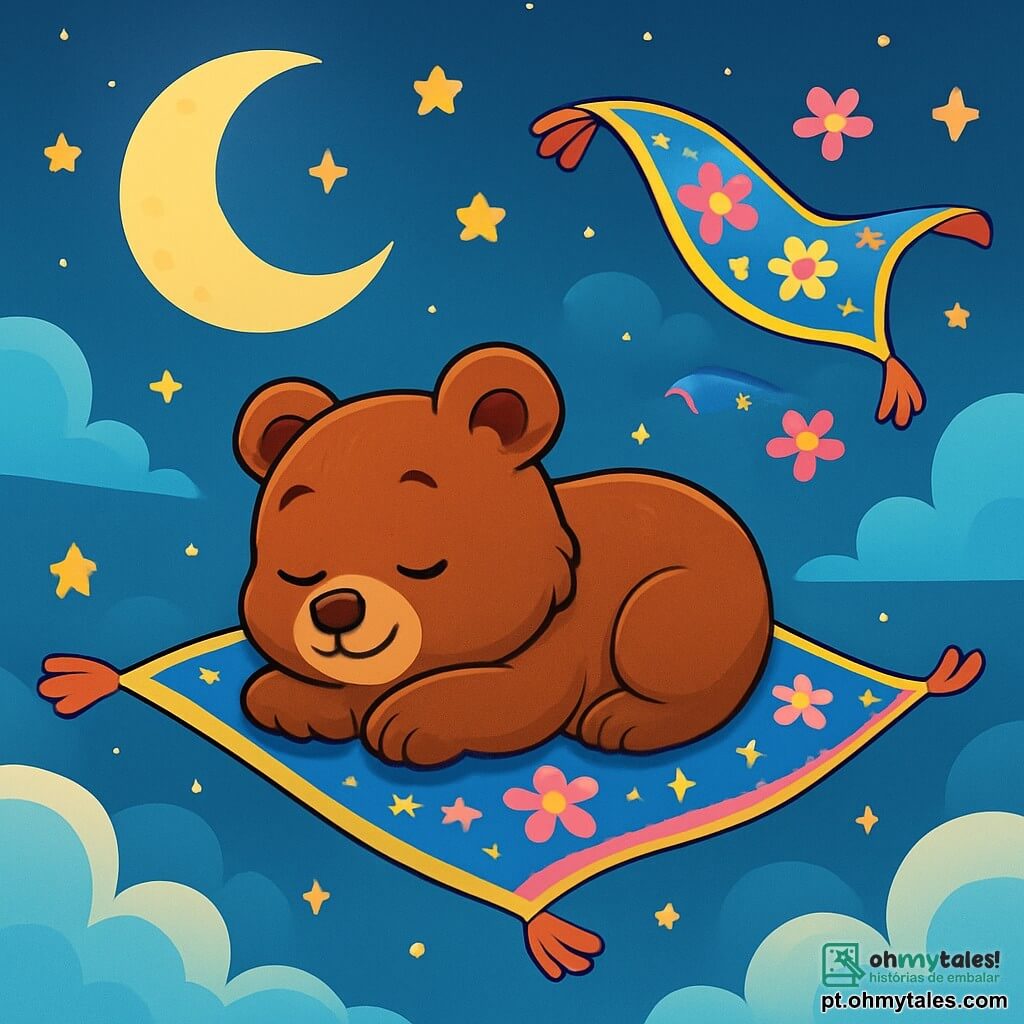 Um pequeno urso marrom, com grandes olhos redondos e suaves, está deitado em um tapete voador, com um sorriso pacífico no rosto. Seu pelo é sedoso e brilha sob a luz dourada da lua. Ele respira lentamente, com as patas dobradas sob ele, como se estivesse flutuando em um sonho. Ao lado dele, um tapete mágico colorido, azul, amarelo e rosa, dança no ar, com padrões de flores e estrelas. A cena ocorre em um céu estrelado, onde a lua brilha intensamente, iluminando a paisagem abaixo. O pequeno urso e o tapete flutuam pacificamente no ar, cercados por cores vibrantes e luz suave, enquanto se preparam para adormecer, embalados pelo murmúrio do vento e o canto das estrelas.