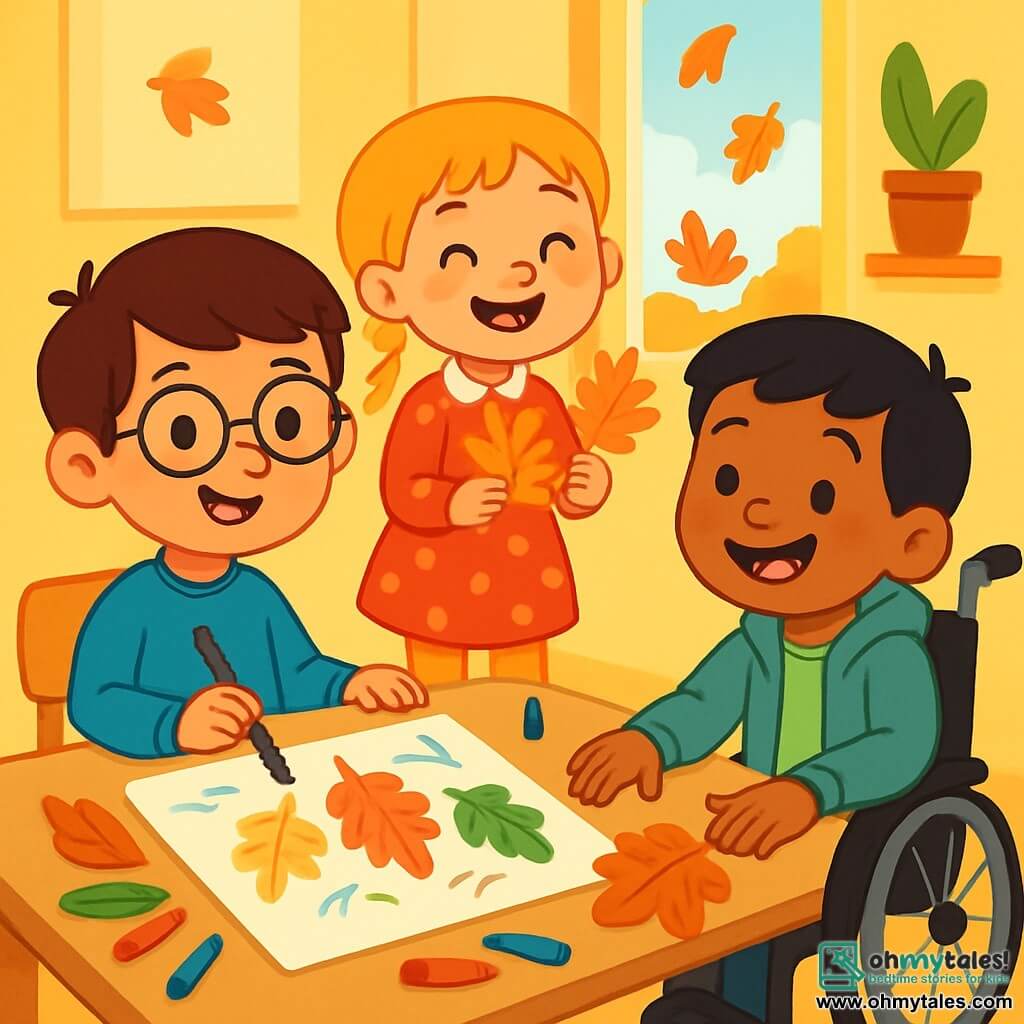 There are three characters: Milo, a 7-year-old boy with brown hair and round glasses, wearing a blue sweater and beige pants, sitting at a table holding a paintbrush and smiling; Ruby, a 6-year-old girl with braided blonde hair, wearing a red polka dot dress and yellow tights, standing next to Milo holding colorful autumn leaves; and Sam, a 7-year-old boy with black hair and a big smile, in a wheelchair, dressed in a green t-shirt and gray hoodie, leaning forward curiously touching a leaf. The setting is a warm and bright room with pale yellow walls, a large window letting in sunlight that illuminates the falling autumn leaves outside. On the table are large colored leaves, crayons, glue, and a big white paper where the children are creating their artwork. The main scene shows the three friends creating a beautiful autumn picture together, gluing leaves and making colorful drawings, laughing and sharing ideas in the cozy autumn atmosphere.
