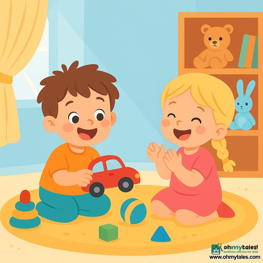 A 2-year-old boy with messy brown hair and sparkling eyes is sitting on a fluffy carpet. He holds a small red car in his hands, with a big smile on his face, showing his excitement. Next to him, his 4-year-old sister, with braided blonde hair and rosy cheeks, enthusiastically claps, her eyes shining with happiness. They are surrounded by colorful toys scattered on the carpet. The setting is a bright room with pastel blue walls and sunlight filtering through light curtains. Stuffed animals and books are organized on wooden shelves, creating a warm and welcoming atmosphere. The main scene shows the boy revving his red car on the carpet while his sister laughs and encourages him, creating a joyful and playful moment between siblings.