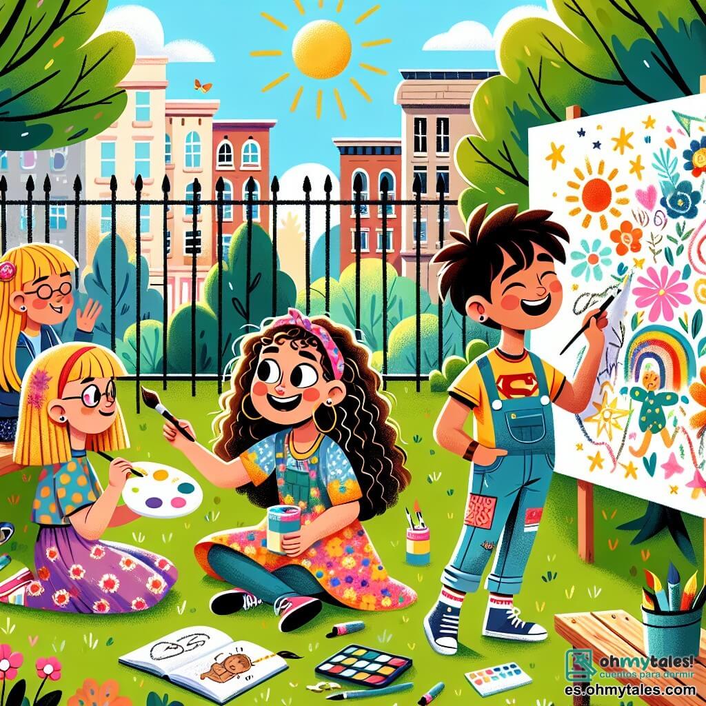 Una niña de nueve años con cabello rizado y una gran sonrisa, vestida con una camiseta colorida y una falda de flores, está sentada en la hierba, sosteniendo una paleta de pintura y un pincel, pintando un mural. A su lado, otra niña de nueve años con una larga trenza rubia, vestida con una blusa de lunares, observa con admiración el dibujo de su amiga y sostiene un cuaderno lleno de bocetos. Un niño de nueve años, con cabello castaño desordenado y una camiseta de superhéroe, está dibujando estrellas en un gran papel, riendo con sus amigas. El lugar es un parque escolar soleado, rodeado de árboles de hojas verdes brillantes y flores coloridas. La situación principal muestra a los niños colaborando alegremente para crear un mural vibrante que representa su amistad y sueños, compartiendo risas y ánimos.