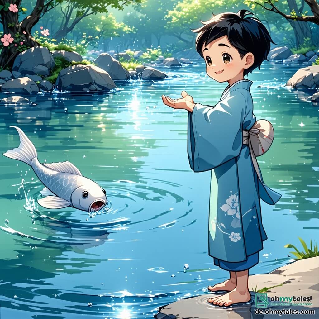 Akio, ein zehnjähriger Junge mit schwarzen Haaren und neugierigen Augen, steht am Ufer eines glitzernden Flusses, sein Gesicht von einem entschlossenen Lächeln erleuchtet. Er trägt einen hellblauen Kimono mit Mustern von blühenden Kirschbäumen, und seine Hände sind nach einem silbernen Fisch ausgestreckt, der im klaren Wasser gleitet. Neben ihm schwebt eine Yōkai, eine Mischwesen aus Frau und Schmetterling, anmutig in der Luft, ihre durchsichtigen Flügel glänzen in Pastellfarben unter der Sonne. Sie hat lange, gewellte Haare, und ihr Blick ist sanft und geheimnisvoll, als ob sie alle Geheimnisse der Natur trägt. Die Szenerie ist ein wunderschöner Zen-Garten mit polierten Steinen, grünen Bambus und blühenden Kirschbäumen, die eine friedliche und magische Atmosphäre schaffen. Rosa Blütenblätter fallen langsam um sie herum und verleihen der Szene einen Hauch von Zauber. Die Hauptsituation zeigt Akio, konzentriert und mutig, bereit, die Herausforderung der Yōkai anzunehmen, um die Harmonie in seinem Dorf wiederherzustellen, während das sanfte Murmeln des Wassers und der Gesang der Vögel eine beruhigende Melodie schaffen.