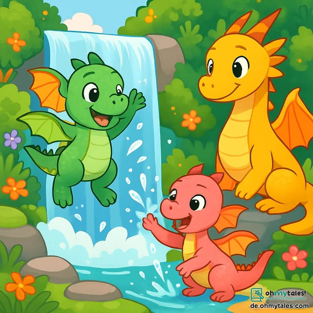 Ein kleiner Drache namens Flämmchen mit glänzenden grünen Schuppen und funkelnden Augen springt vor Freude am Rand eines großen, majestätischen Wasserfalls. Er hat ein strahlendes Lächeln, und seine durchsichtigen Flügel glitzern in der Sonne. Neben ihm lacht seine kleine Schwester Funken, ein Drache mit rosa Schuppen und neugierigen Augen, während sie versucht, die Wassertröpfchen zu fangen, die aus dem Wasserfall spritzen. Ihre Mama, eine große Drache mit goldenen Schuppen, beobachtet sie mit einem liebevollen Lächeln, während sie auf einem flachen Stein nahe dem Wasser sitzt. Der Ort ist ein wunderschöner geheimer Garten, gefüllt mit bunten Blumen, üppigem Grün und glatten Steinen, während im Hintergrund das beruhigende Geräusch des plätschernden Wassers zu hören ist. Die Hauptsituation zeigt Flämmchen und Funken, die sich am Wasserfall vergnügen, Wasser spritzen und zusammen lachen, voller Aufregung und Glück.