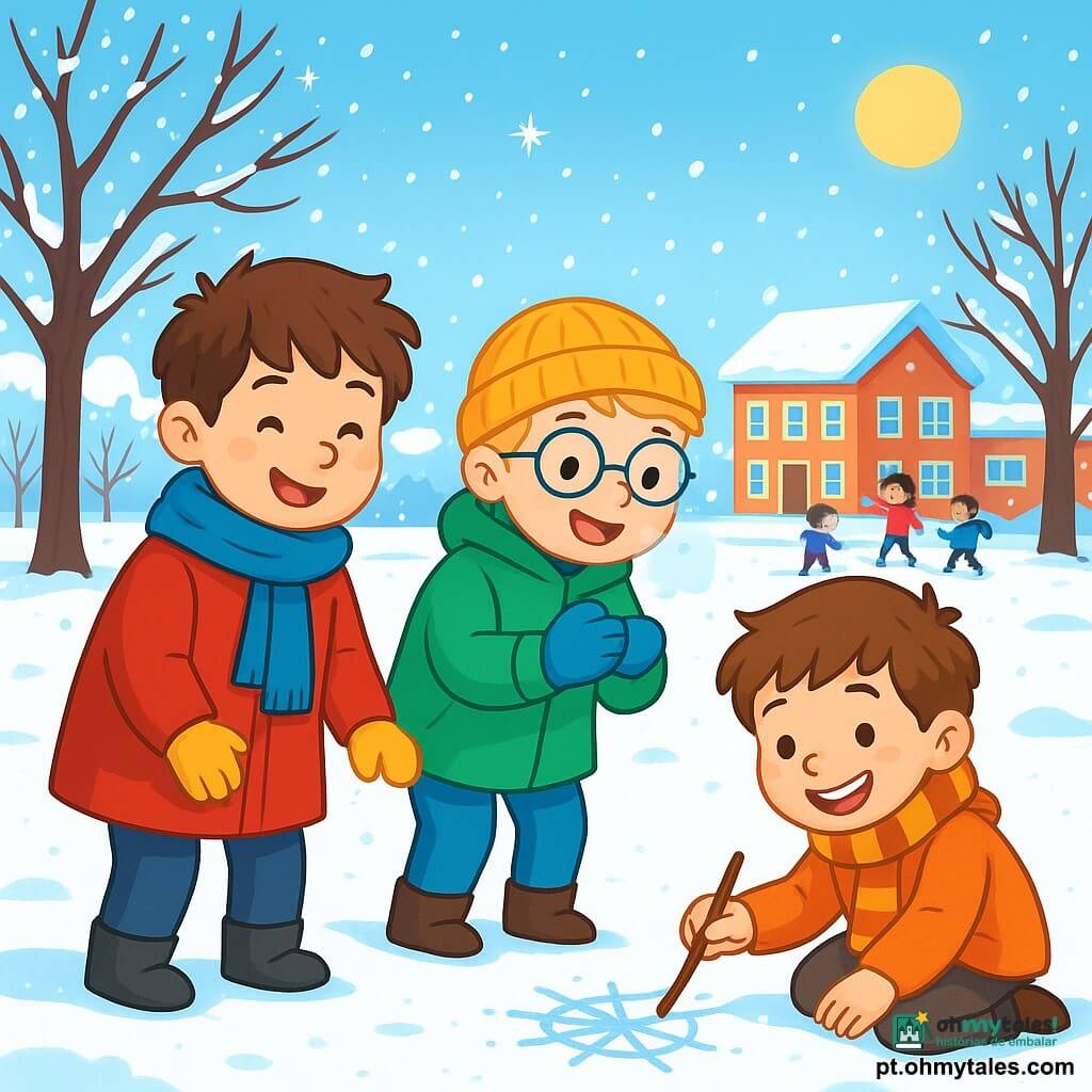 Há 3 personagens: - Lucas: um garoto de 8 anos, com cabelos castanhos bagunçados, usando um grande casaco vermelho e um cachecol azul. Ele está em pé, sorrindo, tocando a neve com suas luvas. - Pedro: um garoto de 7 anos, com cabelos loiros e óculos redondos, vestido com um casaco verde vibrante e um gorro amarelo. Ele está ao lado de Lucas, rindo e soprando ar quente para ver sua respiração. - Mateus: um garoto de 8 anos, com cabelos castanhos e um sorriso brilhante, usando um casaco laranja e um cachecol listrado. Ele está sentado no chão, desenhando na neve com um graveto. O local é um pátio de escola no inverno, coberto por uma espessa camada de neve cintilante sob o sol. Árvores de galhos nus, adornadas com cristais de gelo, cercam o playground. Ao longe, crianças brincam, com risadas ecoando no ar frio. A cena principal mostra os três amigos descobrindo as maravilhas do inverno, brincando na neve, rindo juntos e criando desenhos na neve, enquanto admiram os cristais de gelo que brilham como estrelas.