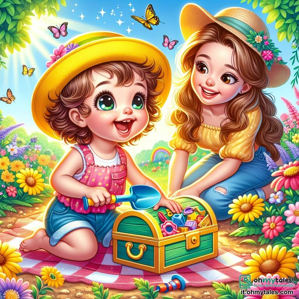 Una bambina di un anno, con grandi occhi brillanti e capelli ricci, indossa un cappello giallo e un sorriso radioso. È accucciata nel suo giardino, tenendo una piccola pala di plastica, circondata da terra e fiori colorati, piena di eccitazione all'idea di scoprire un tesoro. Vicino a lei, la mamma, una donna di circa 30 anni con lunghi capelli castani, osserva con un sorriso benevolo. È seduta su una coperta a quadretti, circondata da giocattoli, incoraggiando la figlia nella sua ricerca. Il giardino è incantevole, pieno di fiori vivaci, alberi verdi e un cielo blu chiaro. Farfalle svolazzano intorno a loro, aggiungendo un tocco di magia all'ambiente. La scena principale mostra la bambina che scava con entusiasmo, scoprendo una scatola piena di colori e sorprese, mentre la mamma la incoraggia con tenerezza, creando un'atmosfera gioiosa e avventurosa.