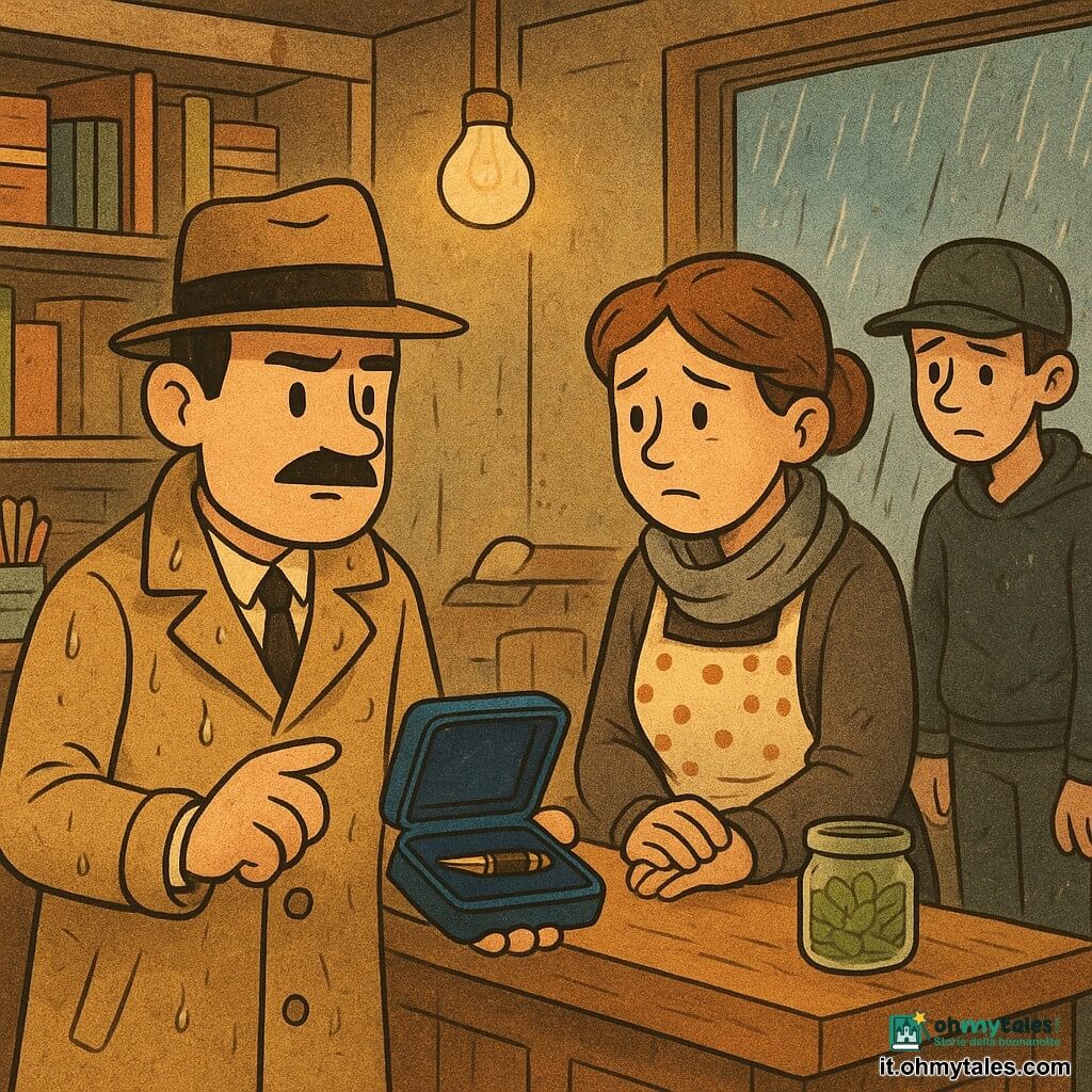 Un detective uomo, viso quadrato e baffi sottili, sguardo concentrato, trench beige leggermente bagnato, fedora in mano, mostra lentamente sul bancone un astuccio blu di velluto aperto con la penna ritrovata; Nora, sulla quarantina, capelli castani raccolti, colpevole, grembiule a pois e sciarpa grigia spiegazzata, dietro il bancone con mani strette e sguardo rivolto all'astuccio; Martino, circa 12 anni, capelli castani, volto preoccupato e ferito, felpa con cappuccio, a sinistra vicino alle mensole che osserva la zia con tristezza; Dario, circa 14 anni, conberretto nero e stivali di gomma, mani un po' sporche, imbarazzato ma sollevato, vicino alla porta di servizio; interno di una piccola cartoleria umida e accogliente con mensole di legno piene di quaderni colorati, barattoli di matite, un grande vasetto di mentine sul bancone, luce gialla di una vecchia lampadina, vetrina coi segni di dita e pioggia visibile fuori; scena di rivelazione tranquilla ed emotiva, tensione che si placa; stile grafico a linee morbide, forme rotonde, espressioni leggibili, texture di velluto e legno e pioggia trasparente sulla vetrina.