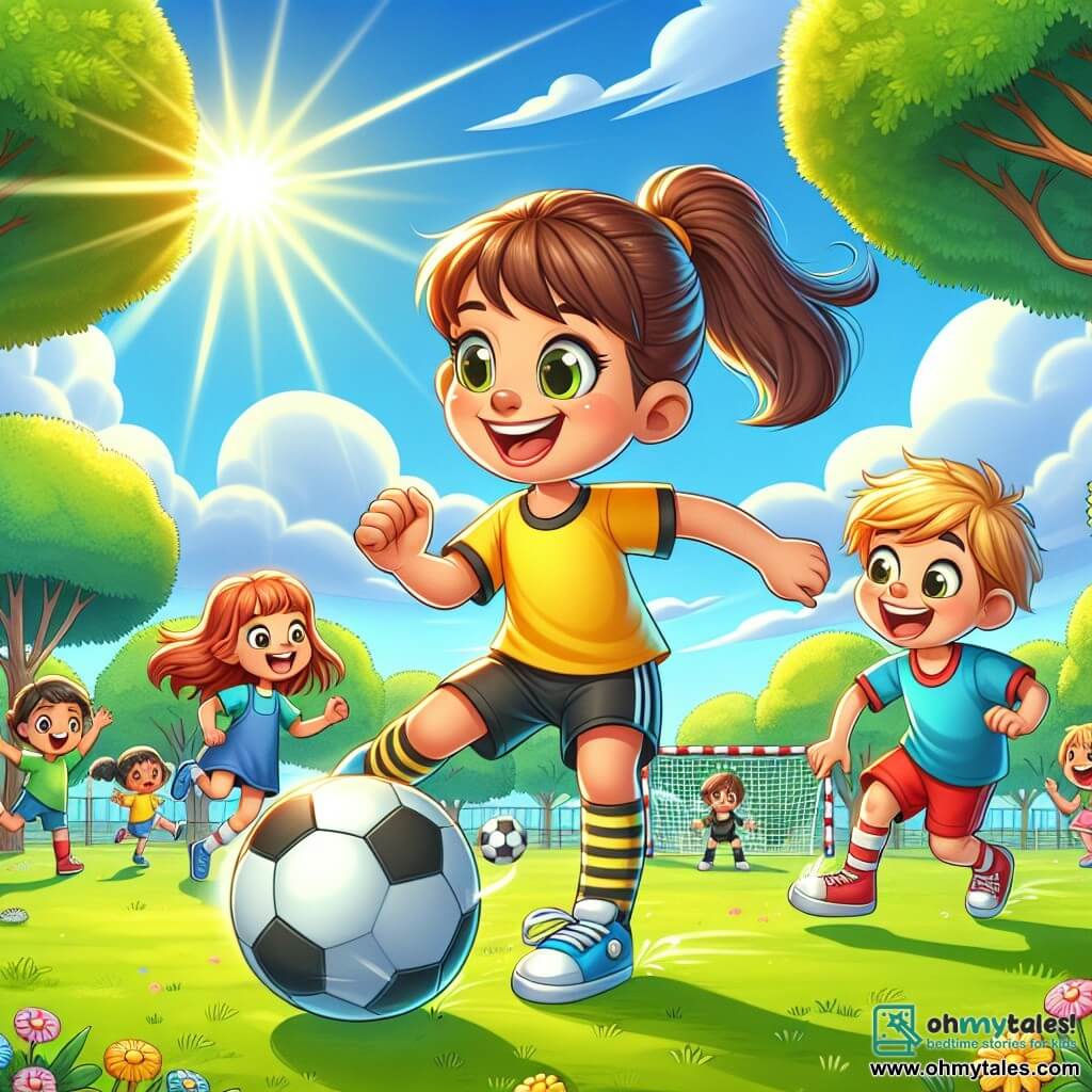 Mia, a cheerful and energetic woman, is at the center of the image with her brown hair in a ponytail. She wears a bright yellow tank top and black shorts, her face radiating happiness as she shows the children how to dribble a soccer ball. Her eyes shine with enthusiasm, and she has a wide smile, her posture full of energy. Next to her, Leo, a 7-year-old boy with messy red hair, is trying to dribble the ball. He wears a blue t-shirt and red shorts, his face showing a mix of concentration and amusement as he runs after the ball he just kicked. A little further away, Emma, a 6-year-old girl with pigtails, is about to shoot at the goal. She wears a pink sports dress and has a determined look, ready to score between two large oaks. The scene takes place in a sunny park with lush green grass and colorful flowers surrounding the playground. The sky is bright blue with a few fluffy white clouds. In the background, children are playing and laughing, creating a joyful and lively atmosphere. The main situation shows Mia teaching the children how to play soccer, with laughter and encouragement. The children are having fun dribbling and shooting at the goal, creating a scene full of life and energy, where friendship and the joy of play are at the heart of the action.