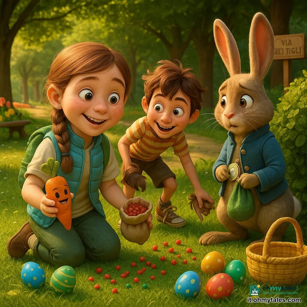 Una bambina di 10 anni, Marta, allegra e prudente, viso rotondo con lentiggini, treccia castano chiaro, gilet celeste e zainetto verde, inginocchiata sull’erba con una carota sorridente in una mano e un sacchetto di stoffa con pastiglie rosse nell’altra; un bambino di 10 anni, Tommaso, birichino e sorridente, capelli castani scompigliati, maglietta a righe e scarpe slacciate, dietro di lei tende la mano per togliere una macchia rossa da una scarpa; un grande coniglio antropomorfo con gilet azzurro e orologio pendente, ansioso ma riconoscente, vicino a un cespuglio con un sacchetto di pastiglie verdi; parco primaverile a mezzogiorno con viale alberato a tunnel, aiuole di tulipani gialli e rossi, una vecchia panchina e il cartello "Via dei Tigli"; i bambini raccolgono pastiglie rosse e verdi sull’erba accanto a uova di Pasqua lucide e un grande cesto giallo, atmosfera calda, comica e cooperativa, composizione centrata sul trio, luce morbida dorata e profondità di campo tenue.