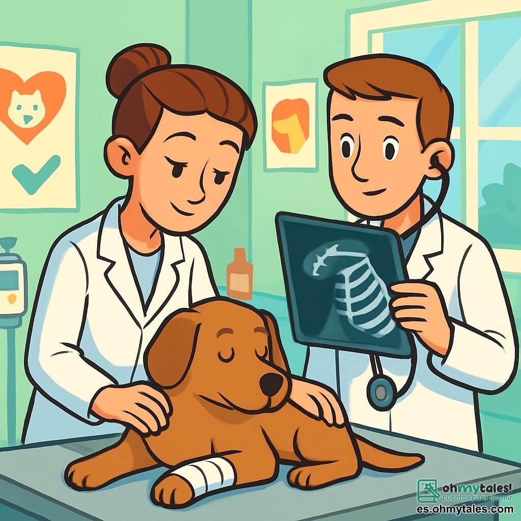 La doctora Lucía, una mujer de unos treinta años, tiene el cabello castaño recogido en un moño y lleva una bata blanca. Su rostro expresa una determinación suave y benevolente mientras examina a un perro herido. A su lado, Esteban, un joven de unos 25 años, tiene el cabello corto y también lleva una bata. Sostiene un estetoscopio y observa atentamente las radiografías, listo para ayudar a Lucía. La escena se desarrolla en una clínica veterinaria luminosa y acogedora, con paredes pintadas de verde pastel y carteles coloridos sobre el bienestar animal. Equipos médicos están dispuestos a su alrededor, y una gran ventana deja entrar la luz del sol. Lucía está cuidando a un perro de tamaño mediano, acostado en una mesa de examen, con una pata herida. Le habla suavemente para tranquilizarlo, mientras Esteban prepara el material necesario para la operación.