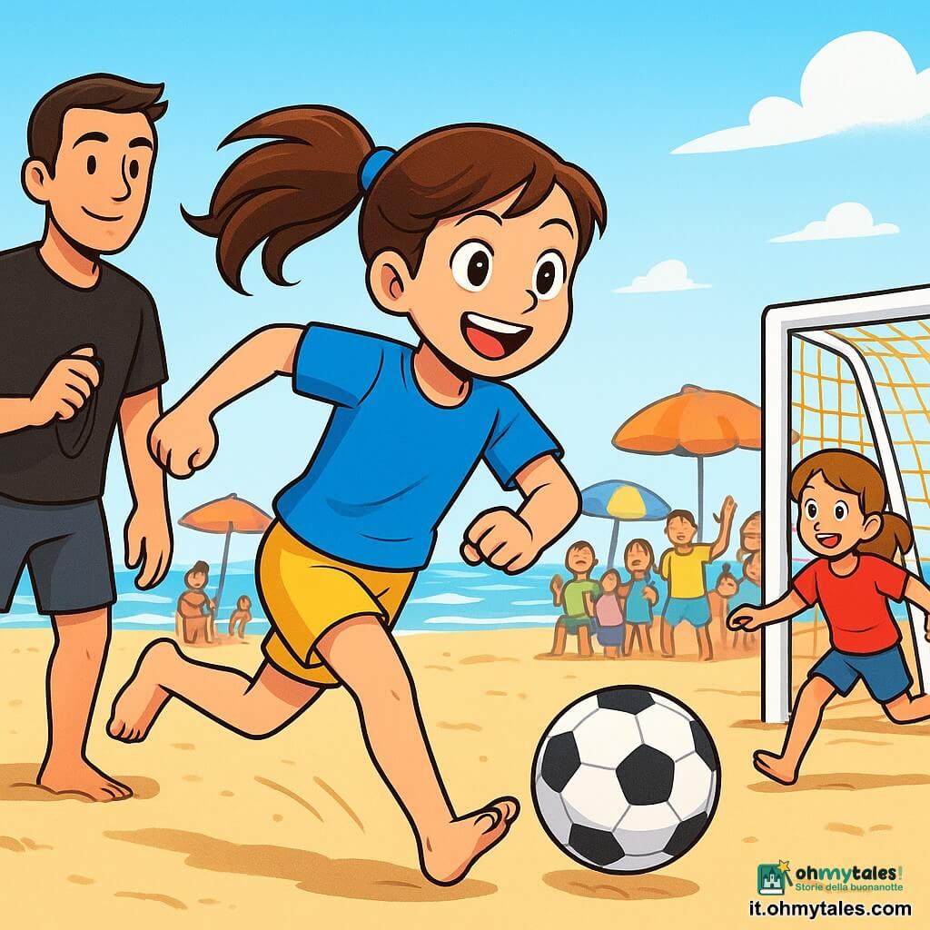 Una giovane ragazza, Marina, di circa 12 anni, corre su un campo di beach soccer. Ha i capelli castani raccolti in una coda di cavallo che danza al ritmo della sua corsa. Il suo viso irradia gioia e determinazione, con occhi scintillanti e un ampio sorriso. Indossa una maglietta blu vivace e dei pantaloni corti gialli, i suoi piedi nudi affondano nella sabbia dorata. Accanto a lei, il suo allenatore, Luca, un uomo di circa 30 anni, osserva con uno sguardo orgoglioso. Ha i capelli corti e indossa una maglietta nera e pantaloni corti, tenendo un fischietto in mano. Si tiene leggermente in disparte, pronto a dare consigli. Il campo è situato su una spiaggia soleggiata, con onde dolci che lambiscono la riva. Ombrelloni colorati e famiglie sullo sfondo aggiungono un'atmosfera gioiosa e vivace alla scena. Marina sta passando la palla alla sua compagna di squadra, Sofia, che corre verso la porta. La tensione è palpabile e l'emozione della competizione si legge sui loro volti. Gli spettatori, bambini e adulti, applaudono e incoraggiano, creando un'atmosfera vibrante e dinamica.