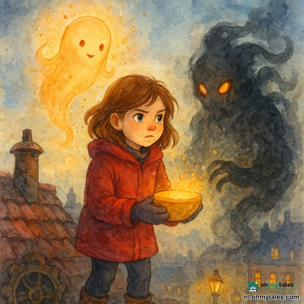 Een 10‑jarig meisje, Lila, vastberaden en lichtjes bevend met kastanjebruin halflang haar, een donkerrode warme jas, versleten laarsjes en een glanzend gouden kommetje in haar handschoen, biedt dat kommetje naar een schaduwwerker — een melancholische wezen van zwarte mist en grijze wervels met gloeiproeven als ogen dat kleine lichtbollen klemt — terwijl het beschermende, perzik‑gouden halftransparante geestje Gloei met kleine vonkjes achter haar zweeft; de scène speelt zich af op het dak van een oud postkantoor in rode baksteen met ongelijkmatige pannen, roestige schoorstenen en decoratieve tandwielen, stadssilhouet bij schemering, trapgewijs oplichtende oude lantaarns en warme raamhalootjes, zachte aquarel‑palette (indigo, goudgeel, warm rood, rookgrijs) met gecontroleerde spatters rond vonken en schaduwwervels, close‑up compositie in licht lage hoek om Lila’s moed en het vreemde van het wezen te versterken.