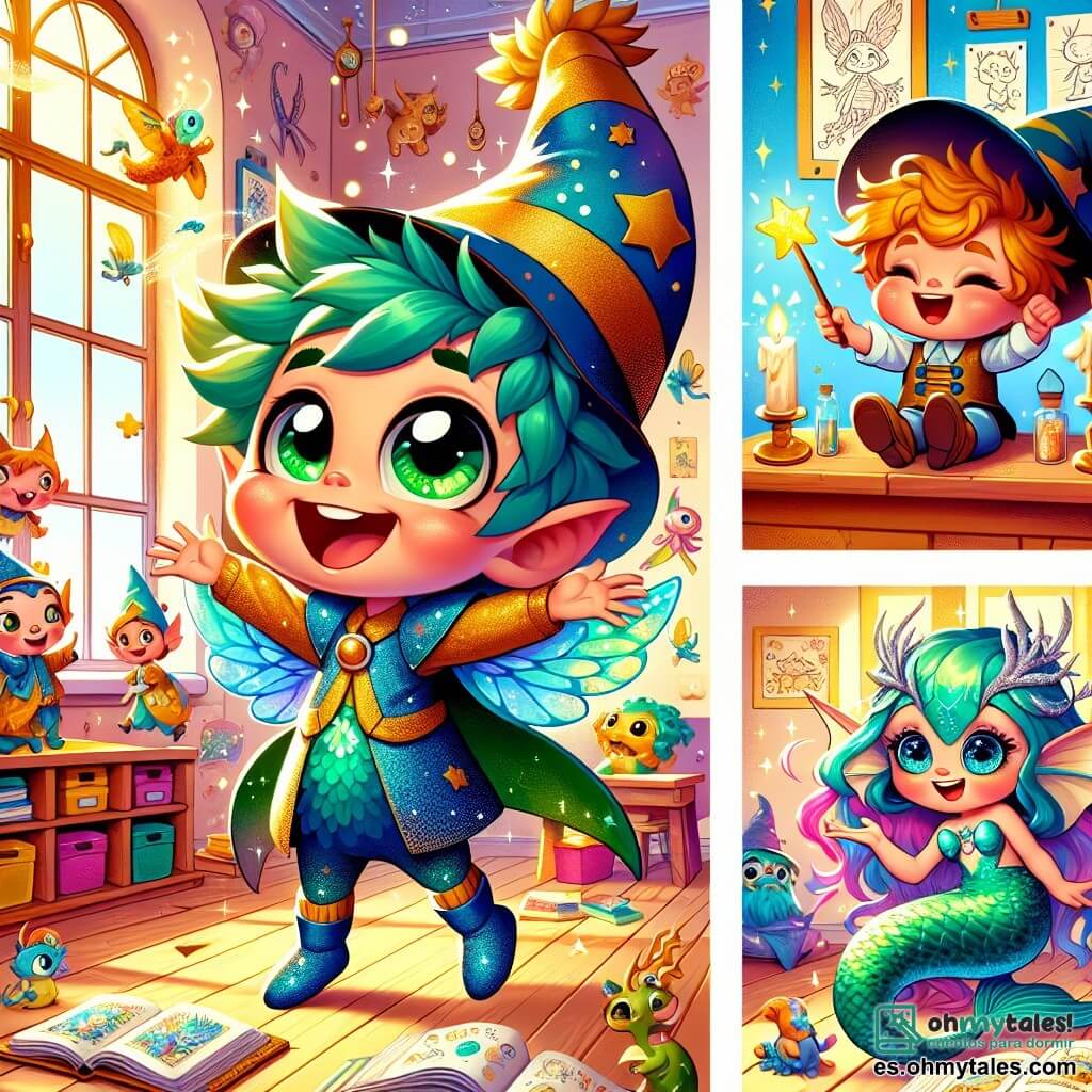 Un pequeño ser mágico con grandes alas brillantes y ojos verdes esmeralda, flotando alegremente en el aire con una radiante sonrisa en su rostro, explora un aula colorida. A su lado, un duende travieso con un sombrero puntiagudo y cabello despeinado, saltando de emoción, y una sirena con escamas brillantes, sentada en una mesa, sonriendo con ojos chispeantes, comparten la alegría de este primer día de escuela. El aula está llena de paredes decoradas con dibujos de criaturas fantásticas, ventanas que dejan entrar la luz dorada del sol y mesas coloridas donde hay libros de magia abiertos. La escena principal muestra al pequeño ser mágico y sus amigos jugando a un juego de preguntas, riendo y divirtiéndose juntos, llenos de entusiasmo y amistad.
